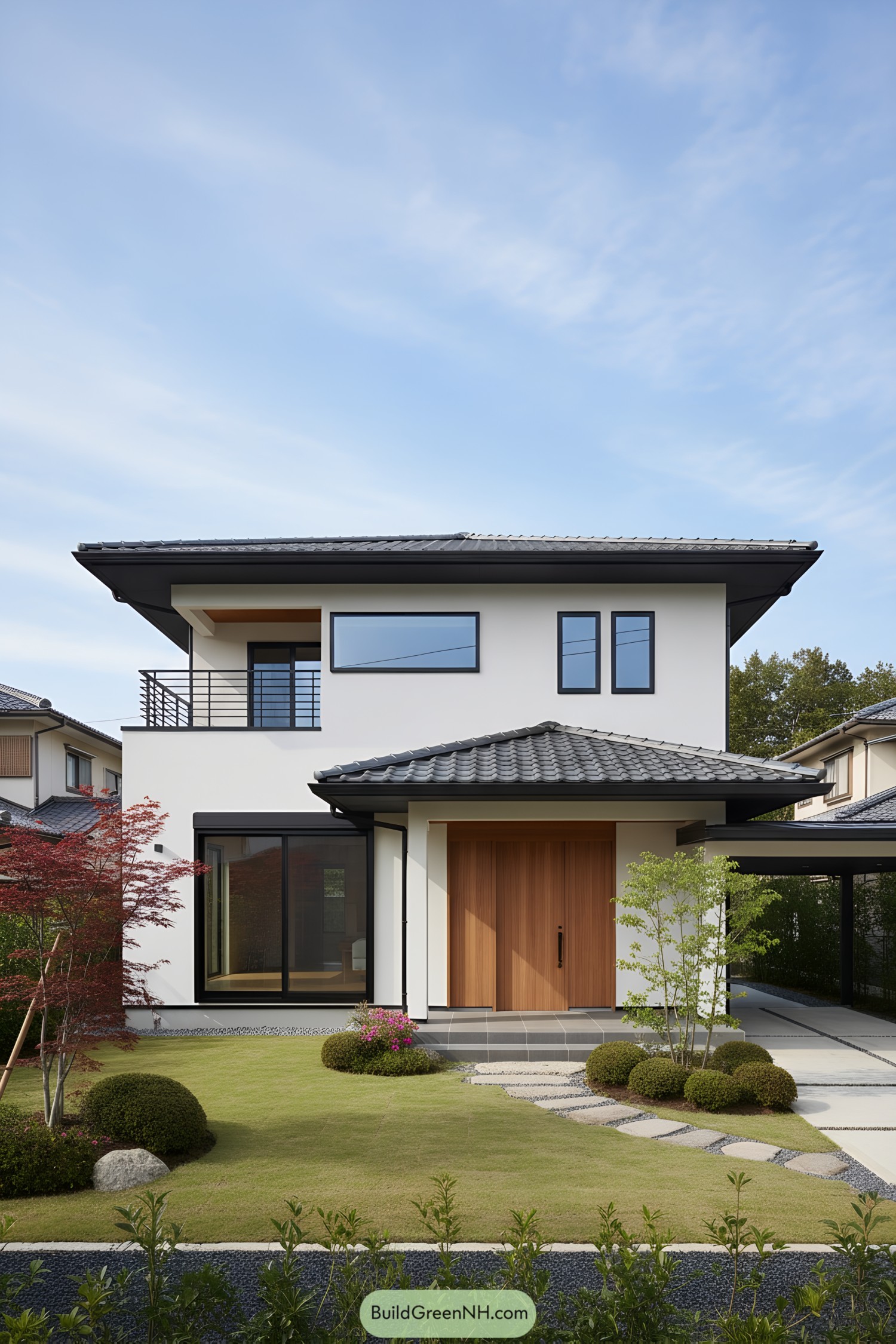 Two-story white house with dark tiled eaves, warm timber door, and minimal garden path