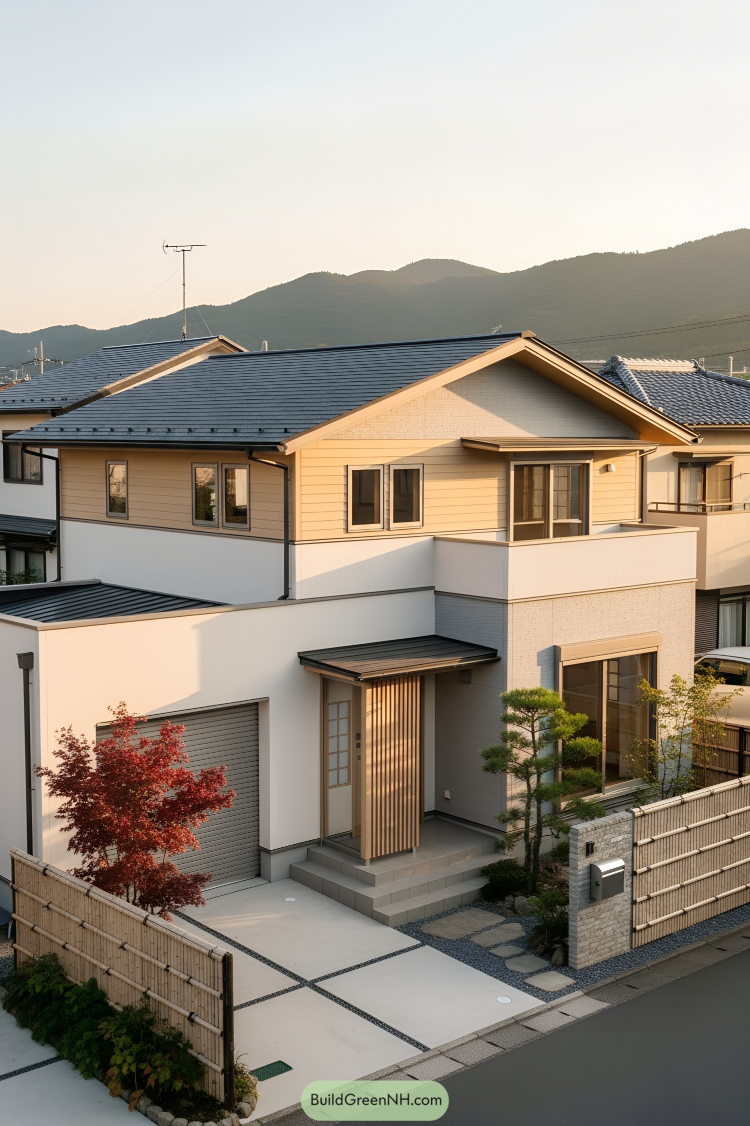 Two-story suburban Japanese house with gabled roof and minimalist garden