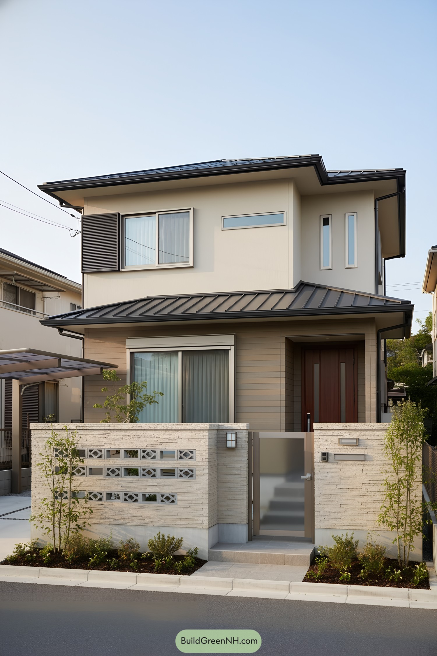 Two-story suburban Japanese house with stepped eaves and patterned block wall