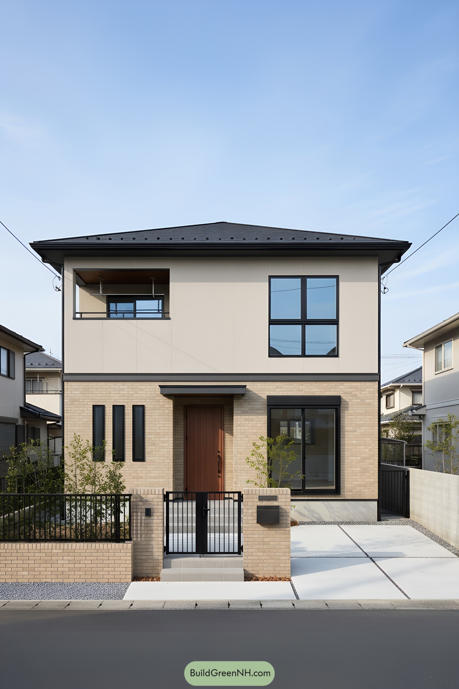 Two-story suburban house with tan brick base, cream upper walls, and black eaves and trim