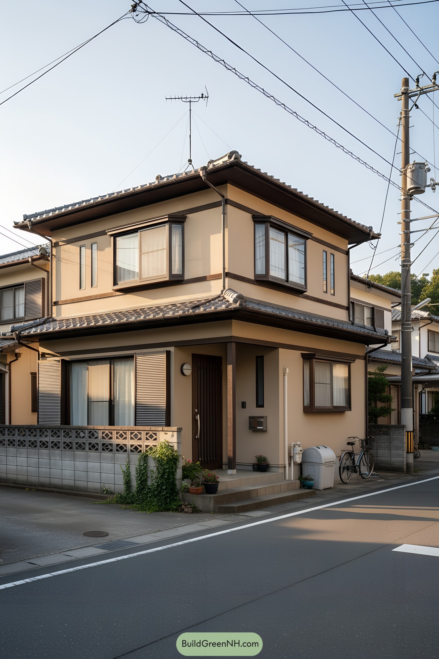 Two-story suburban Japanese house with tiled eaves and bay windows on a street corner