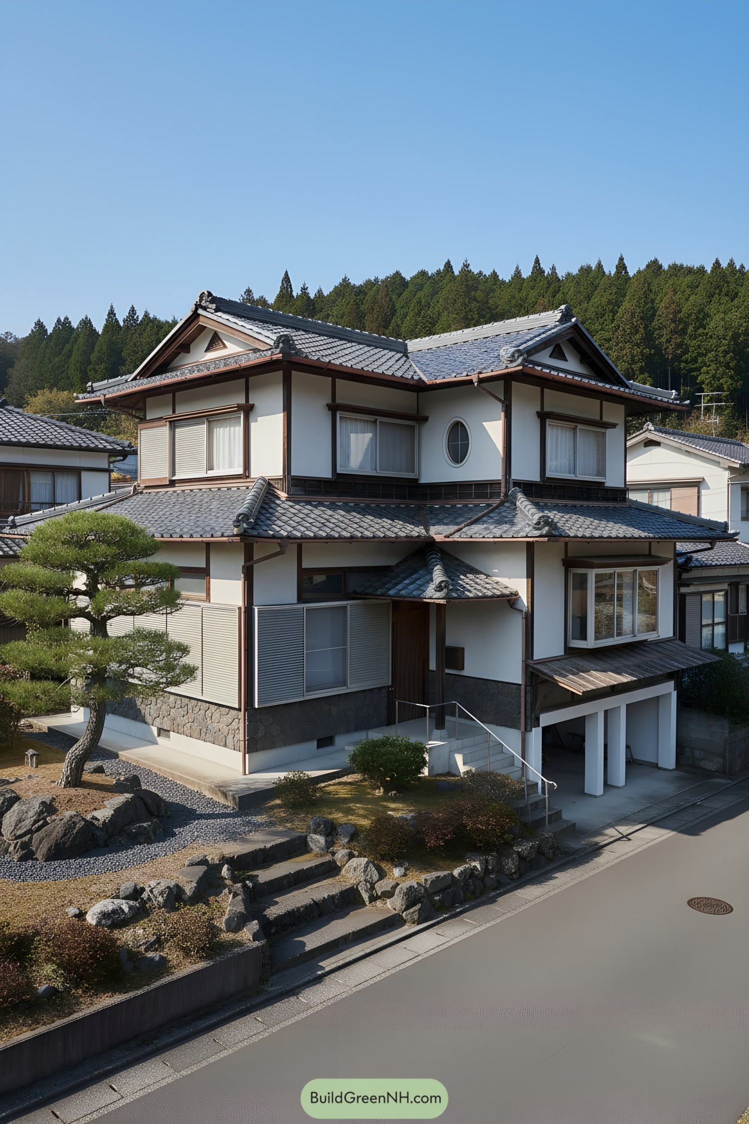 Two-story Japanese house with tiled roofs and rock garden