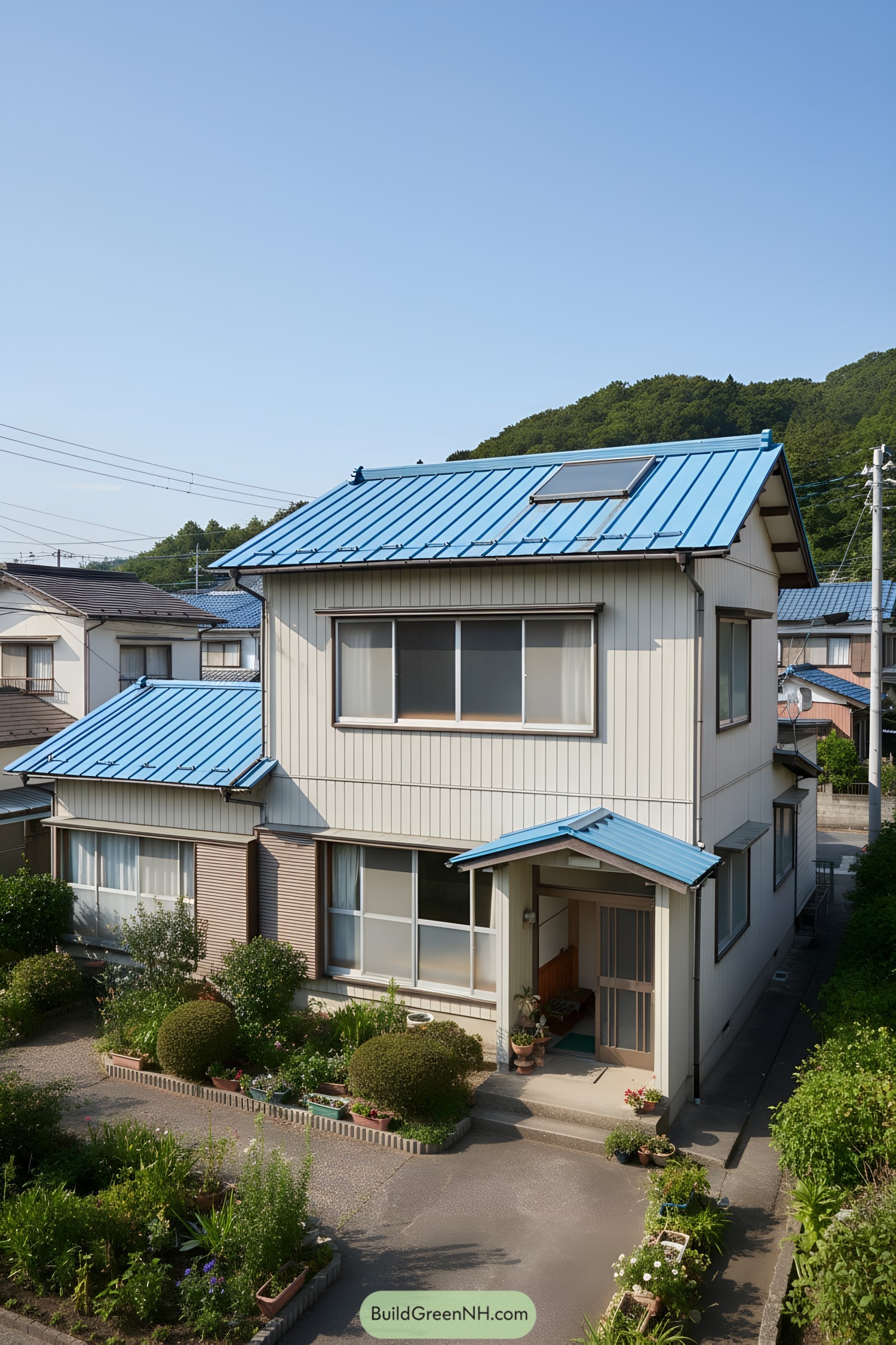 Two-story suburban house with bright blue metal roofs, small porch, and tidy front garden beds along a narrow driveway