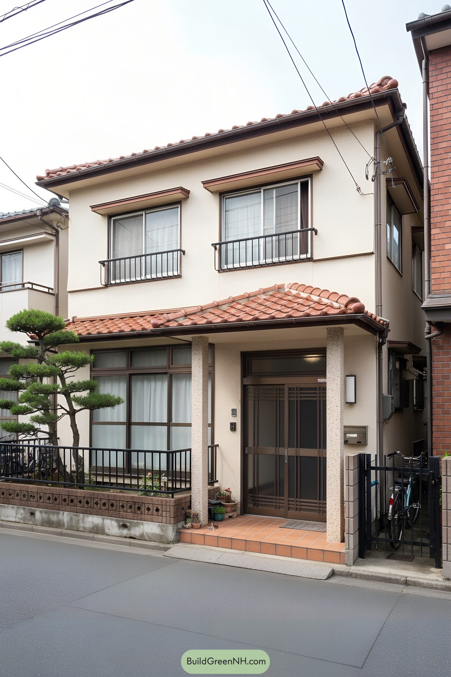 Two-story suburban Japanese house with terracotta tiled porch roof, cream facade, and metal balcony rails
