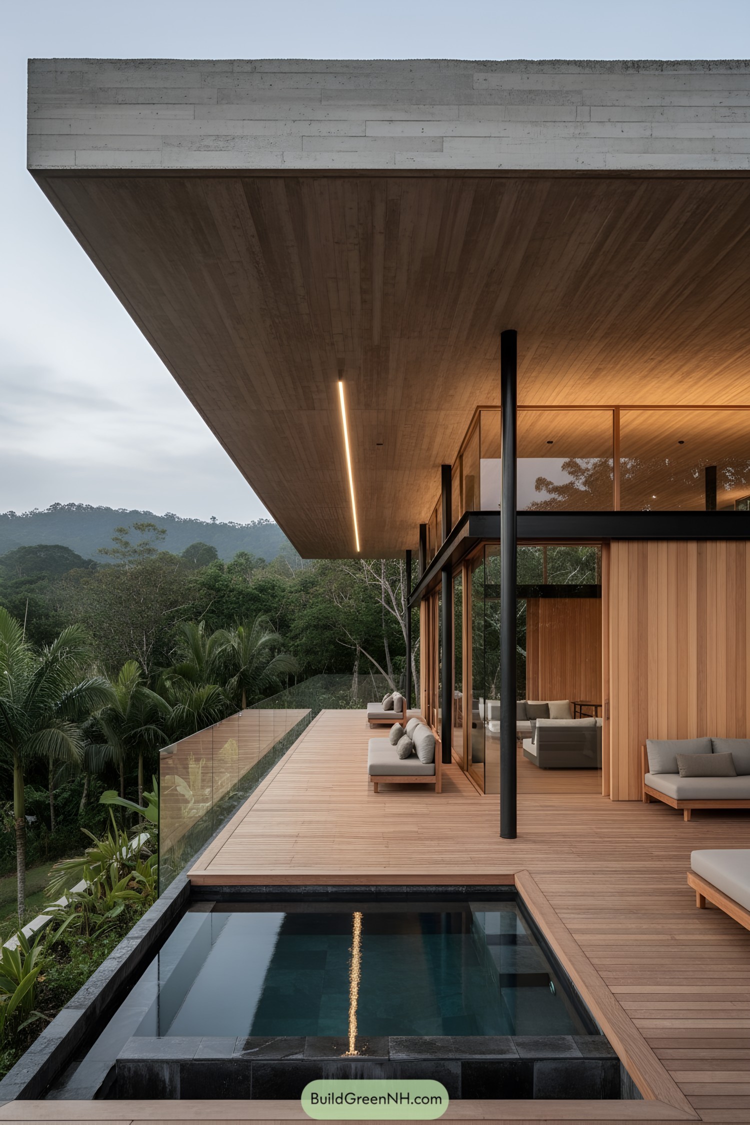 Modern timber-and-glass house with deep overhang overlooking lush rainforest and plunge pool