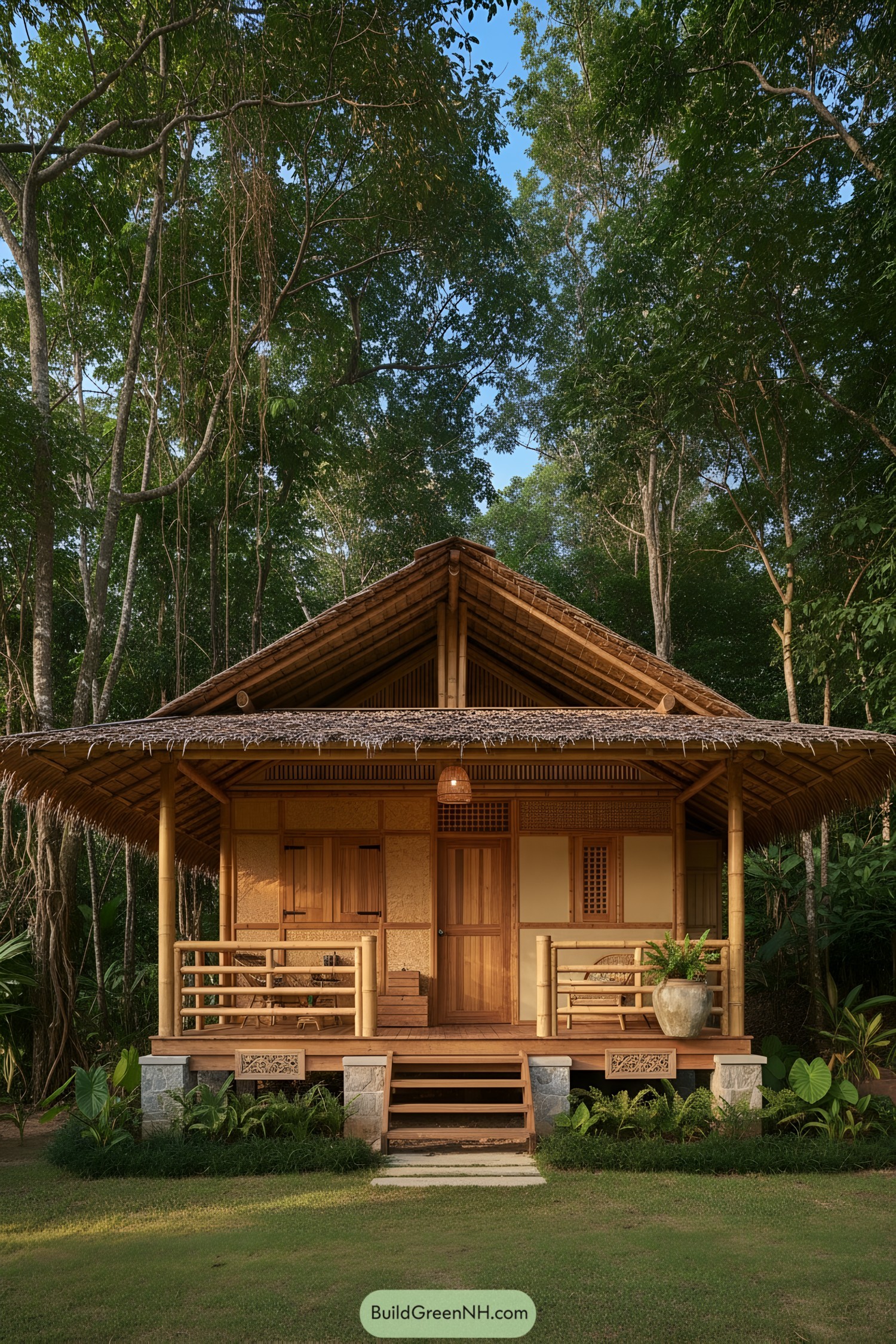 Small bamboo jungle hut with deep thatched roof