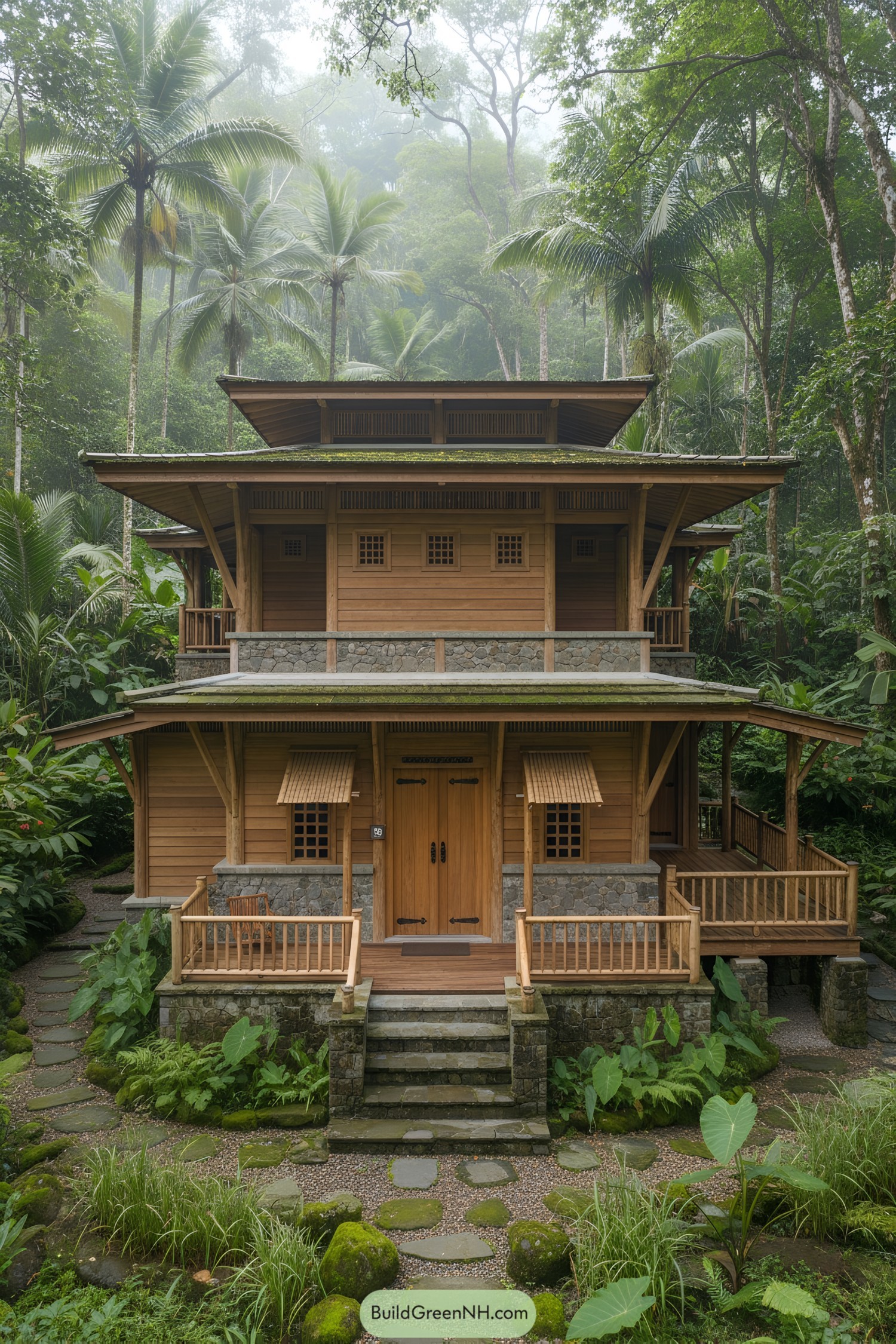 Two-story timber-and-stone jungle house