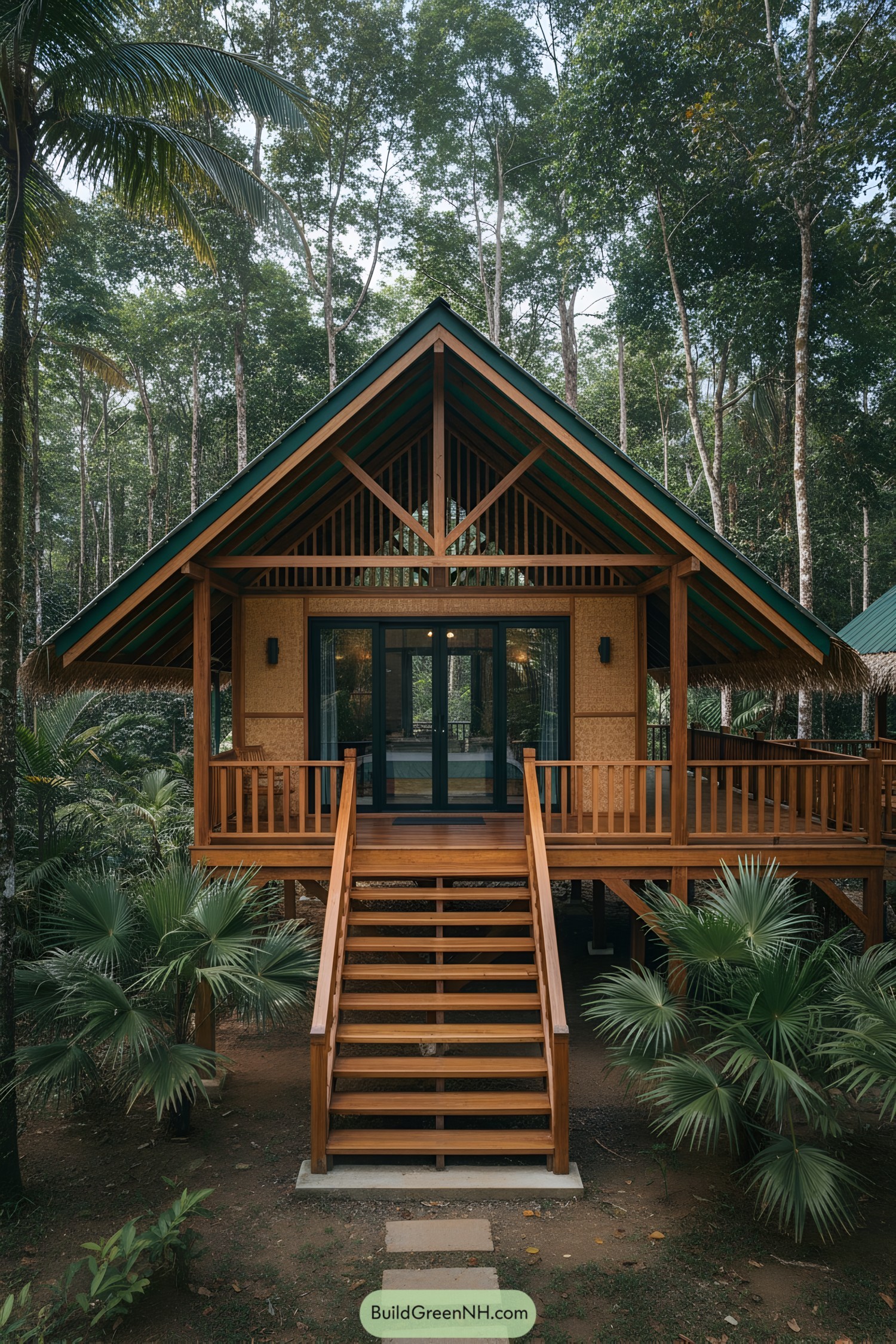 Cozy stilted jungle cabin with wide porch