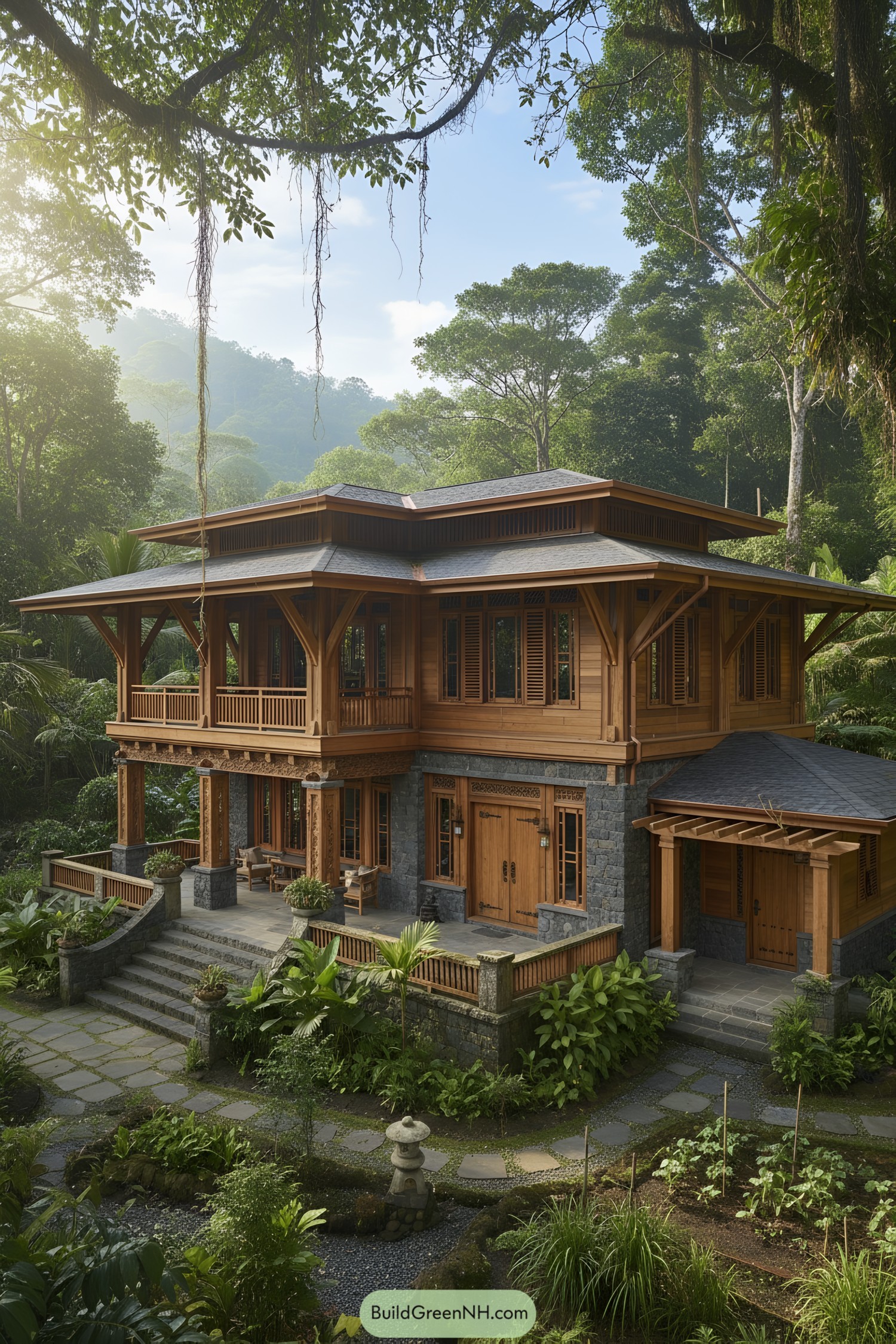 Two-story teak-and-stone jungle house with tiered roofs and wraparound verandas, set amid lush greenery. Deep overhangs, louvered windows, and carved details emphasize tropical craftsmanship