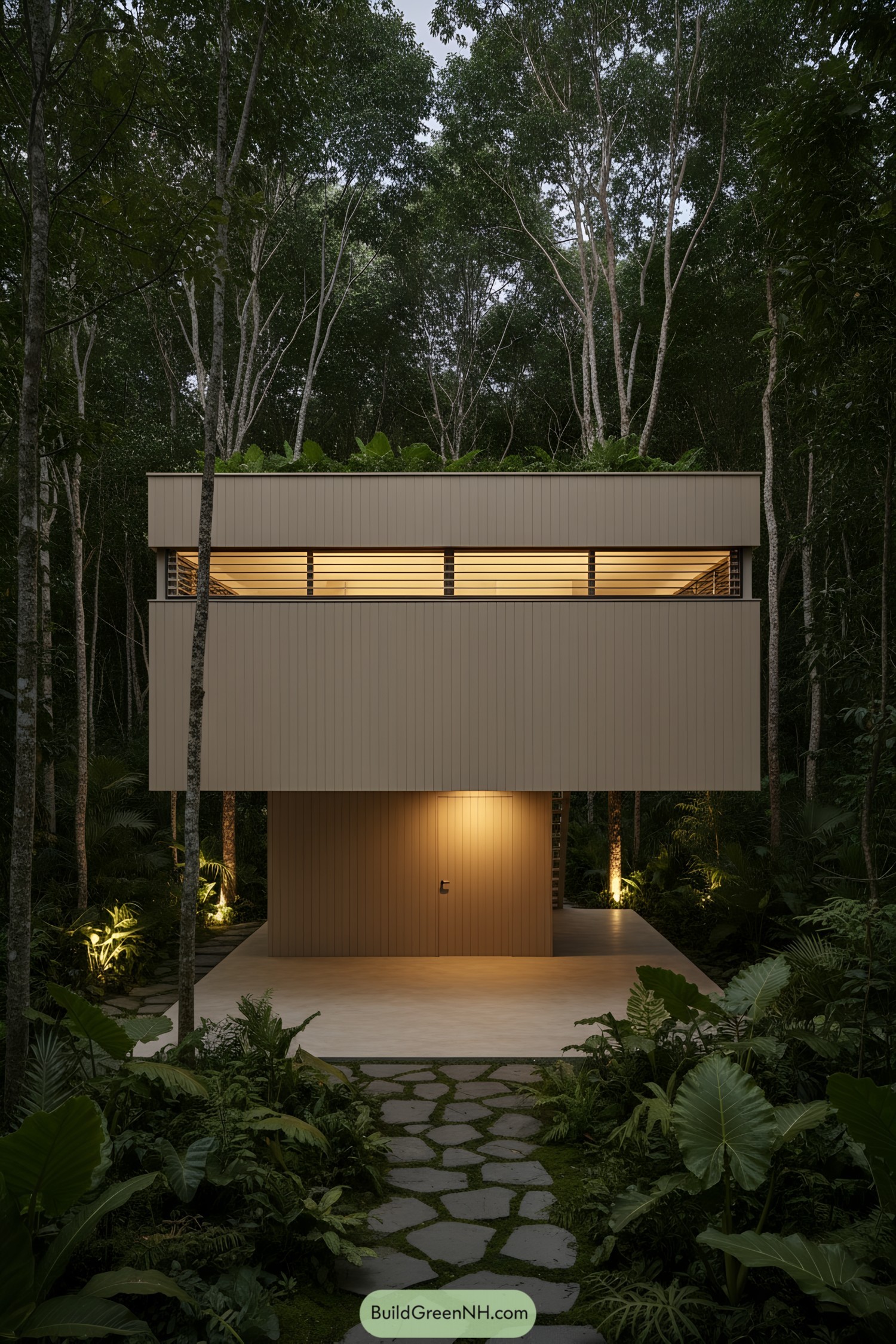 Boxy stilted jungle house with louvered clerestory and green roof