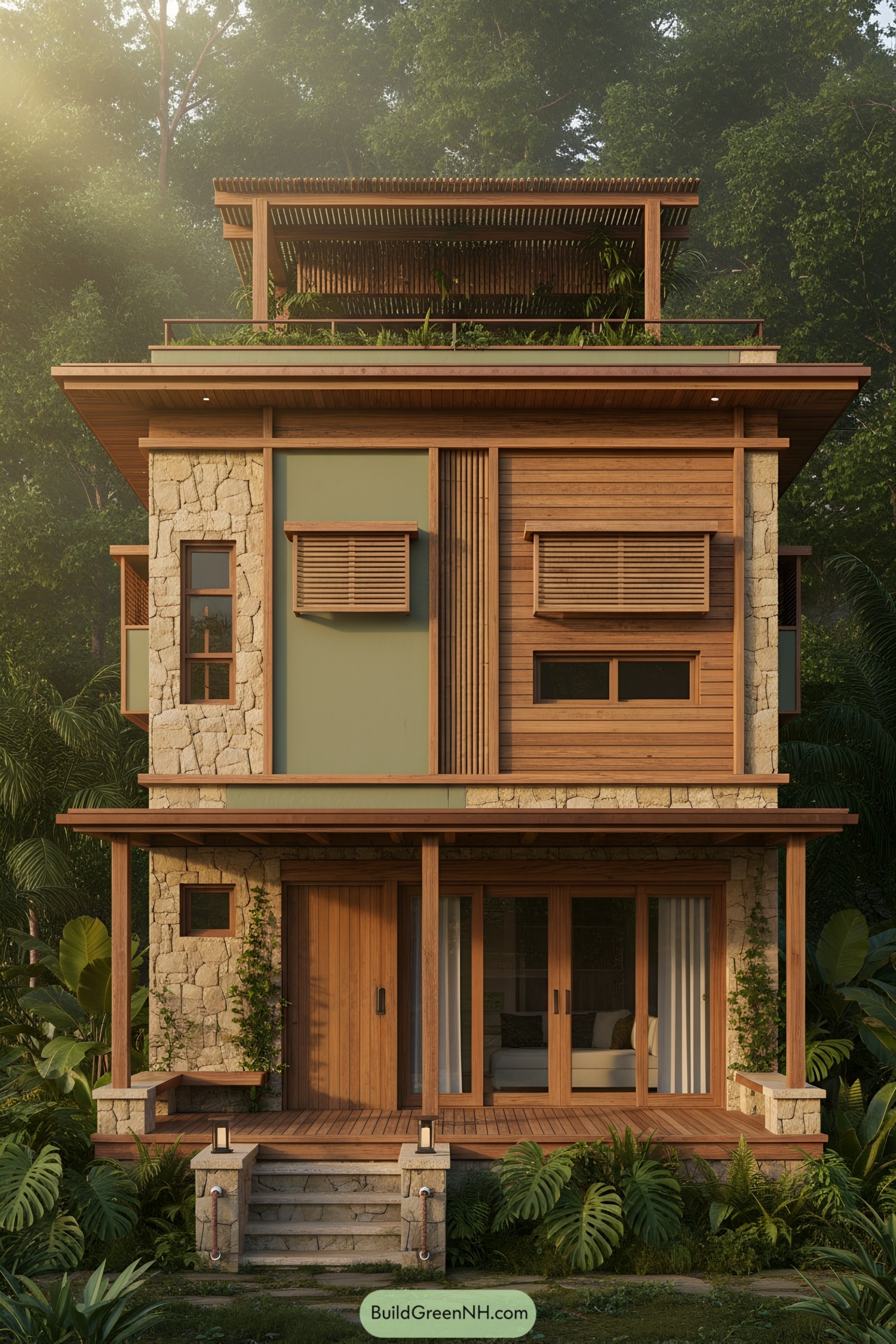 Three-story timber-and-stone jungle house with rooftop pergola and green terrace