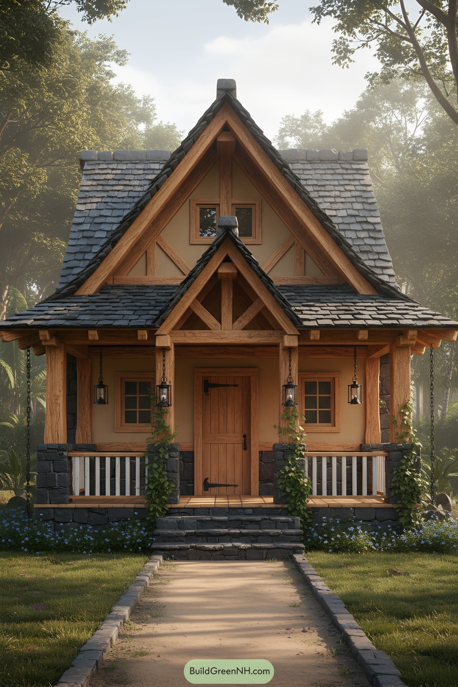 Cozy timber cottage with stone base and steep gables
