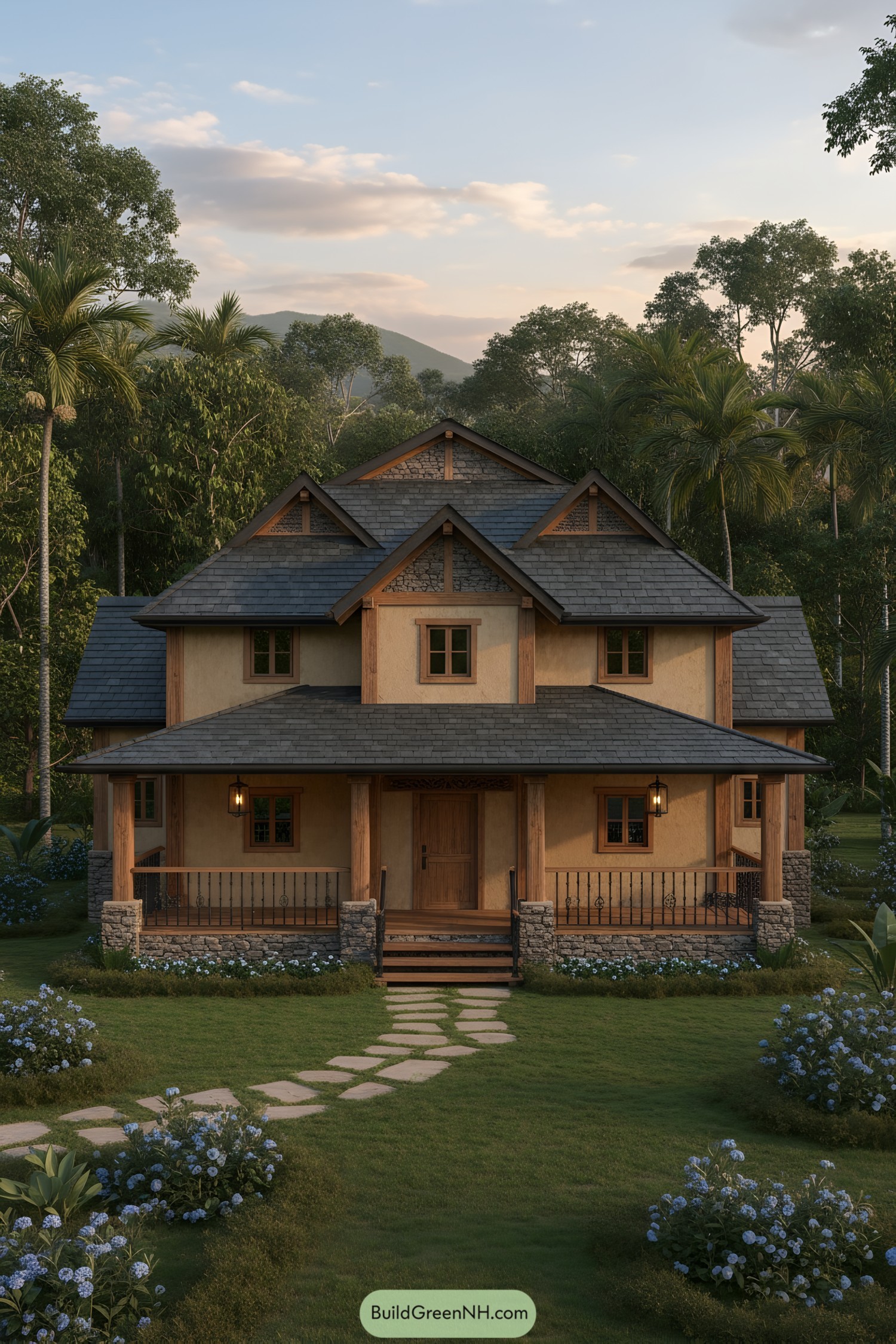 Two-story timber-and-stone jungle house