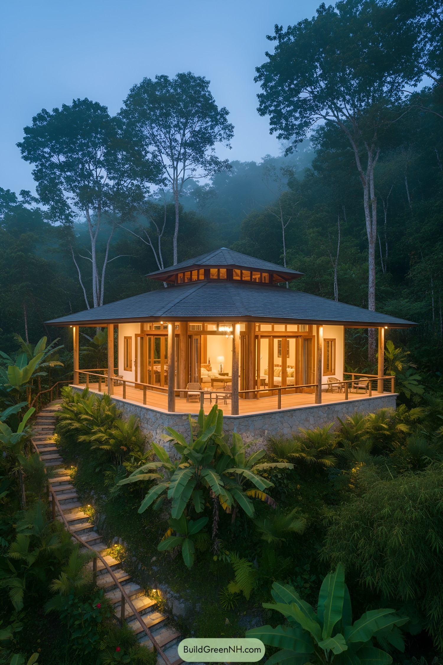 Warm-lit pavilion house on jungle slope