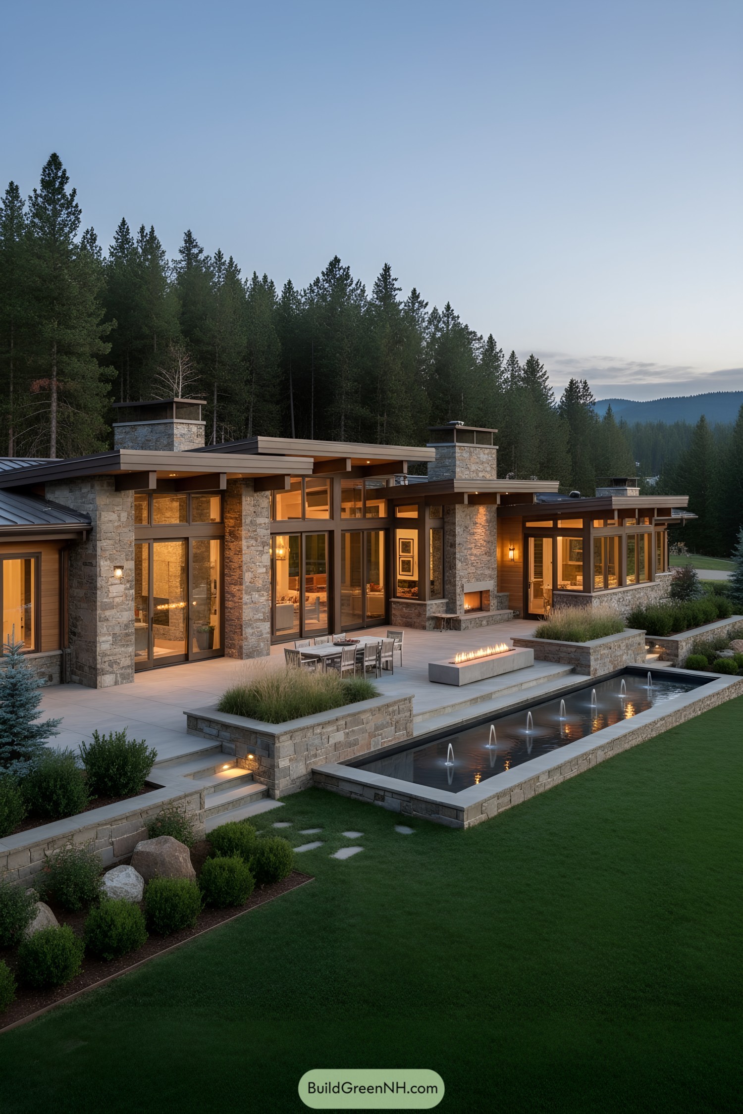Modern ranch with stone, glass, and fountains