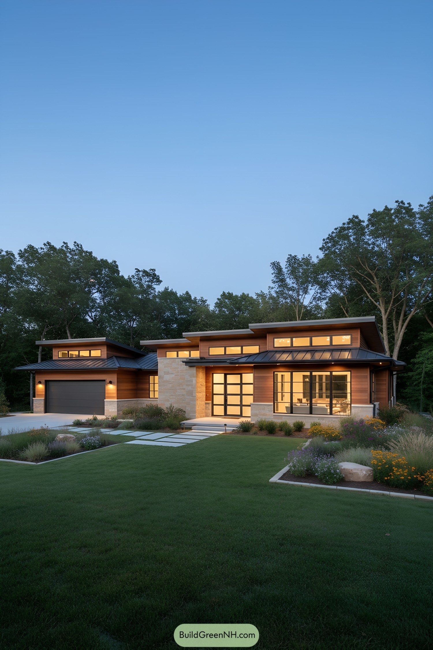 Contemporary single-story home with clerestory windows and warm wood siding at dusk