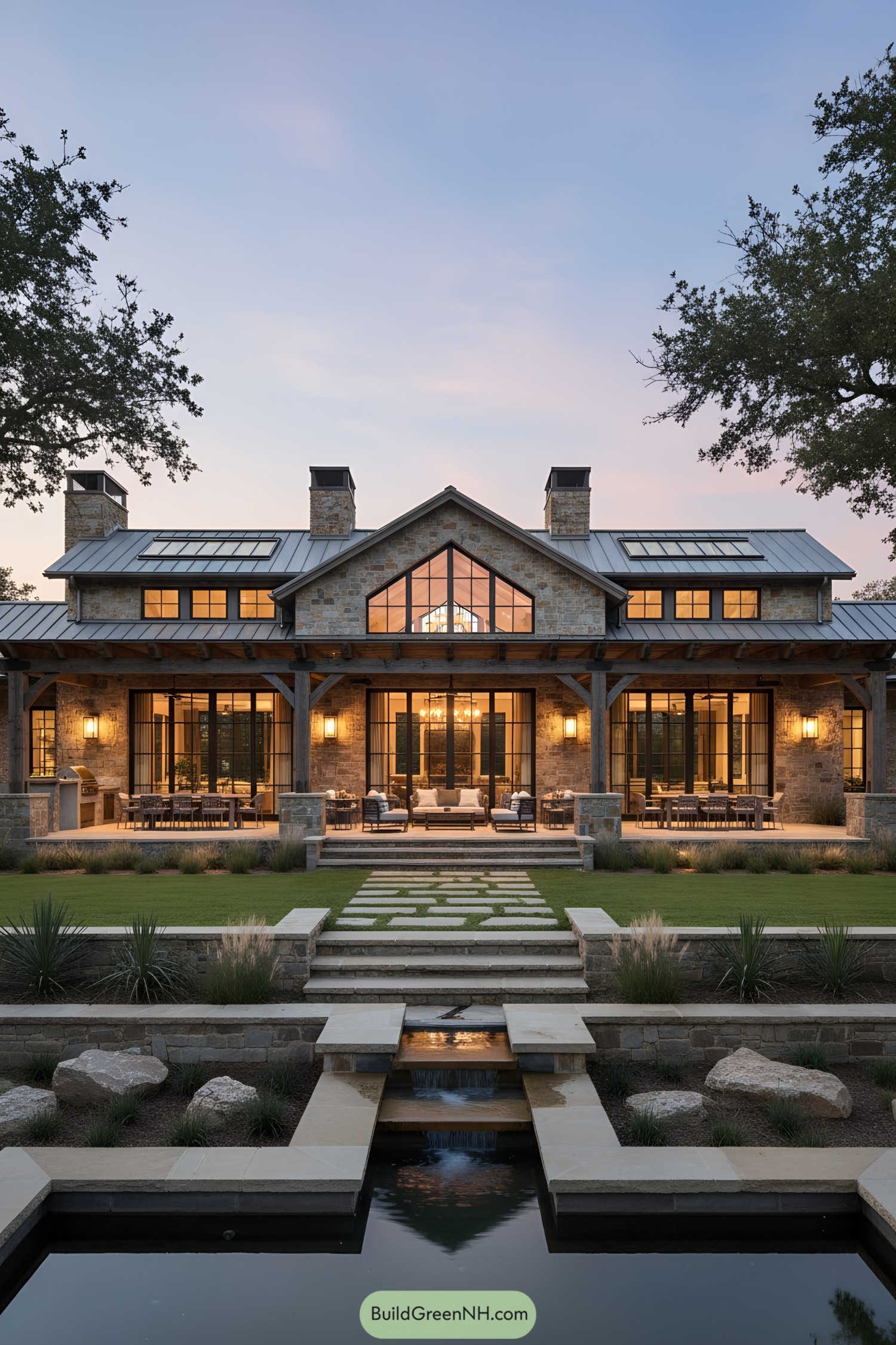 Stone ranch with metal roof and glassy gables at sunset