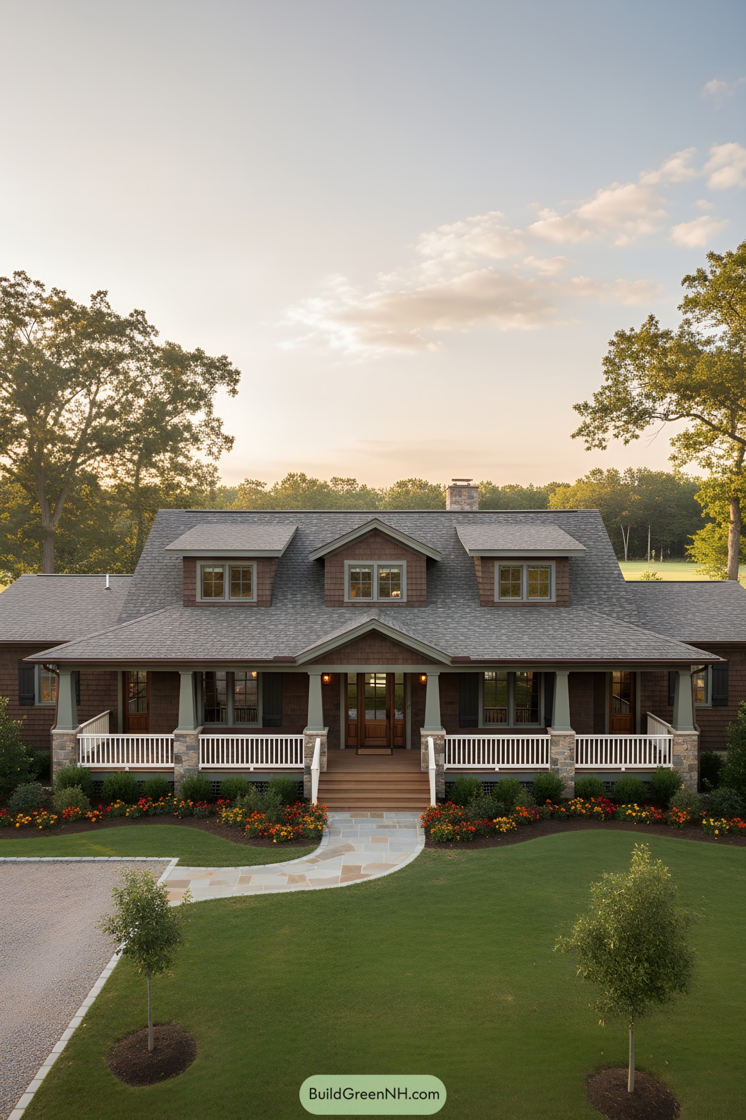 Wide porch with white railings and shingle siding beneath dormered gables at sunset