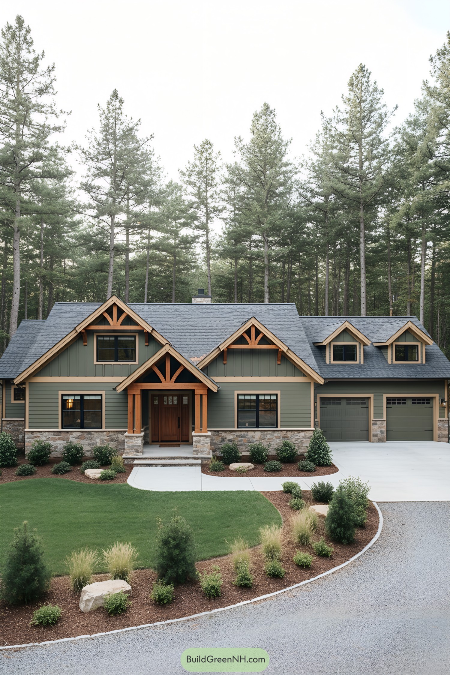 Green-clad ranch with timber trusses and stone base