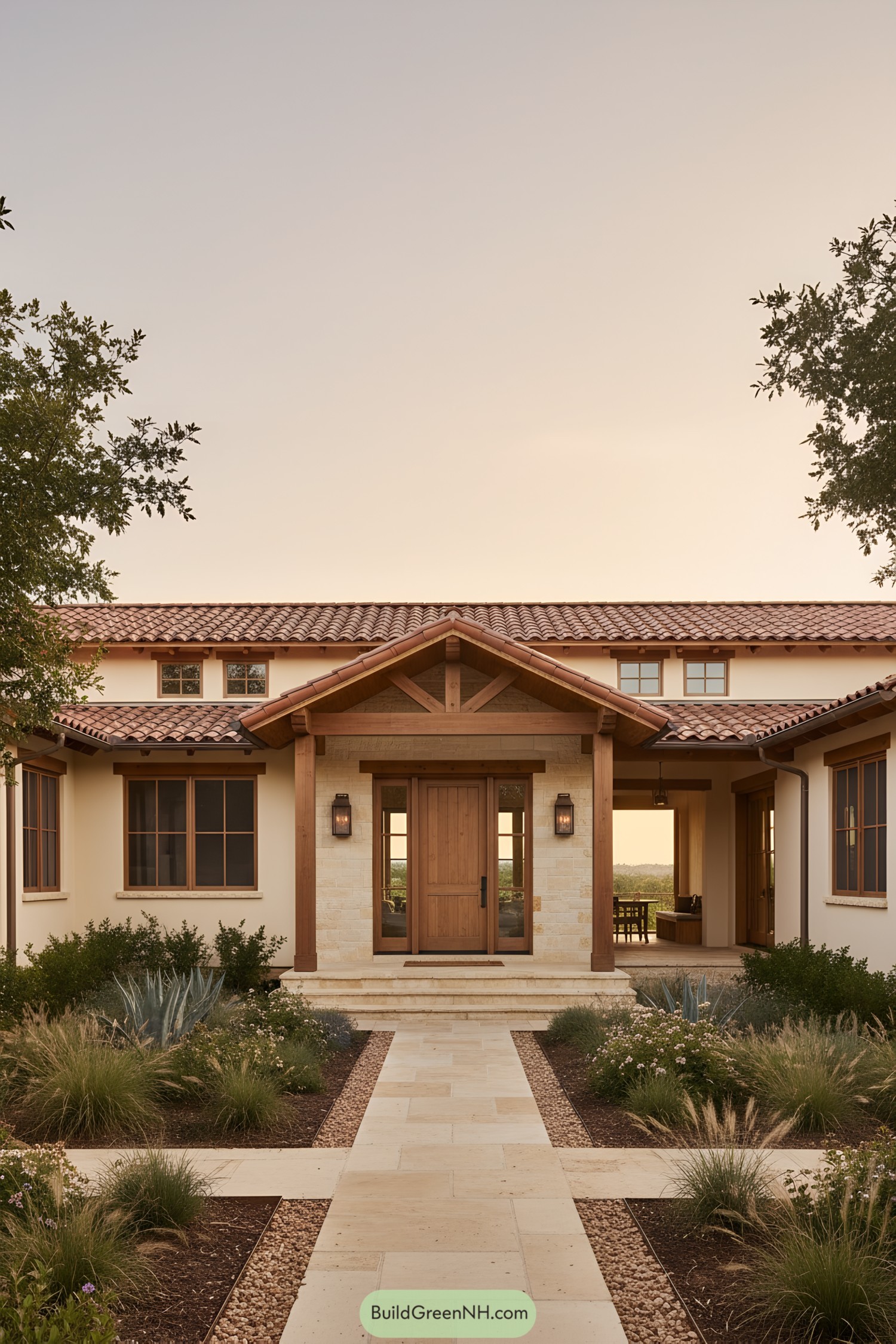 Stucco ranch with timber porch and tiled roof