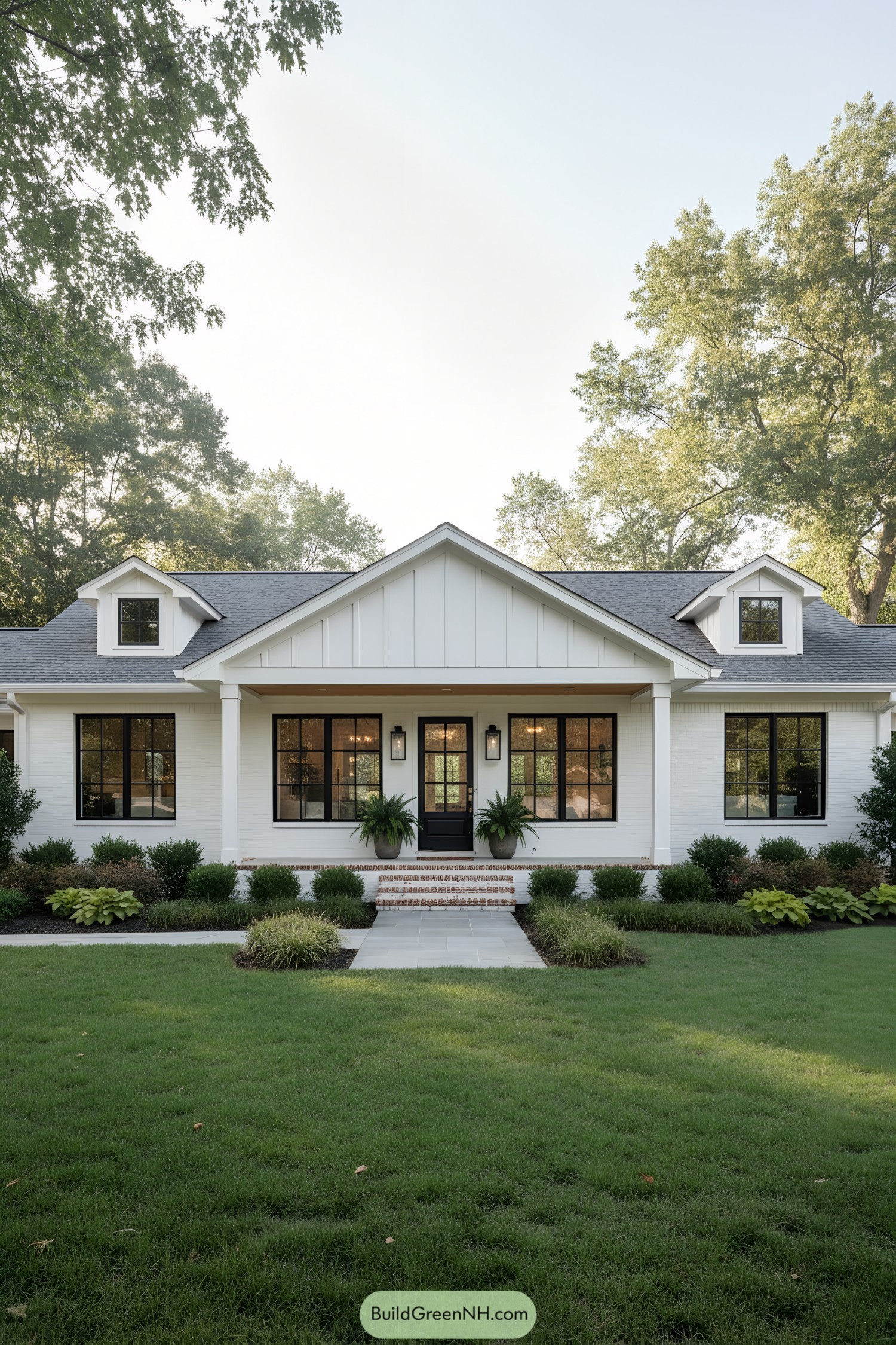 White ranch with black windows and welcoming front porch