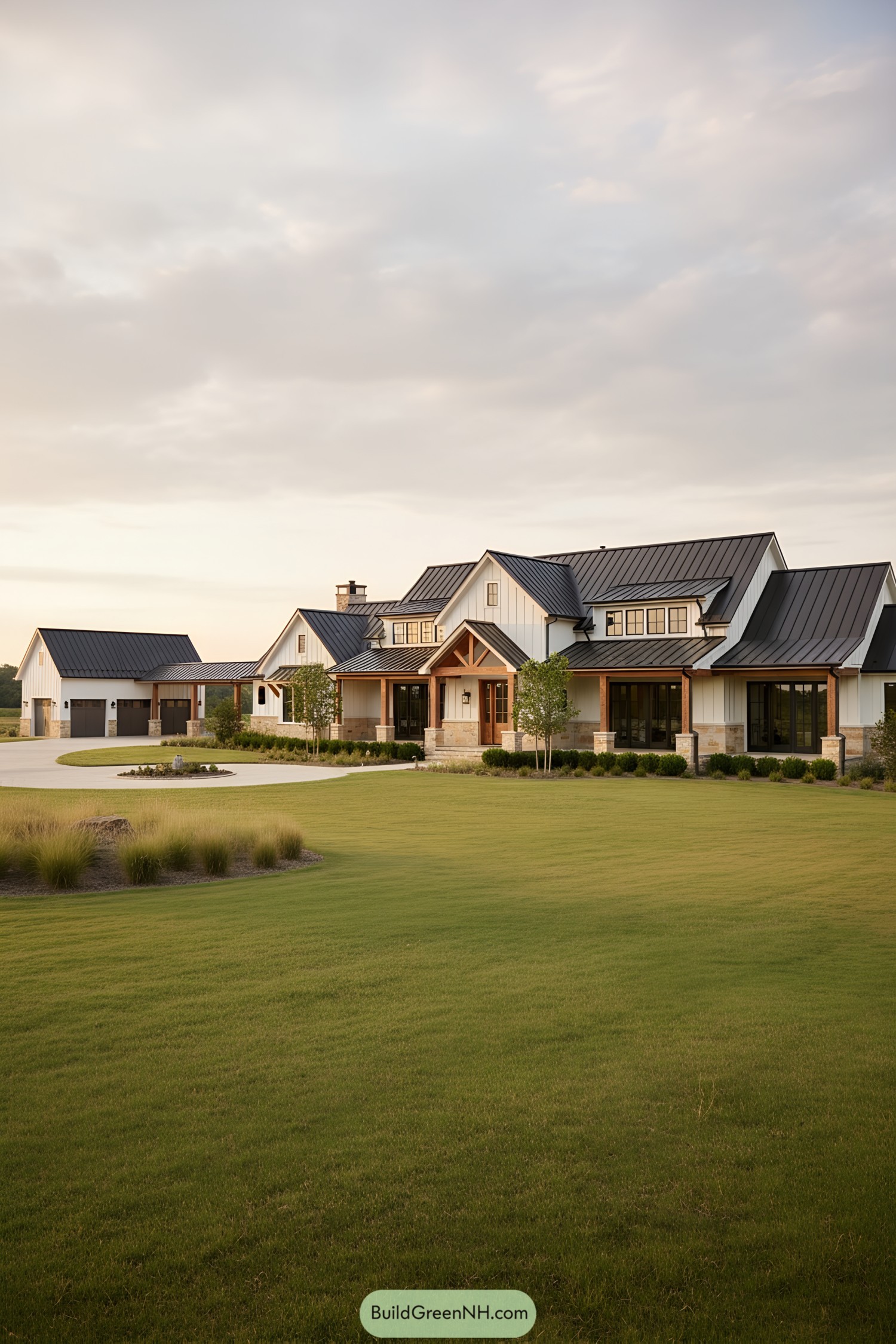 Modern ranch with black metal roof, white board-and-batten siding, timber porch, and wide lawn