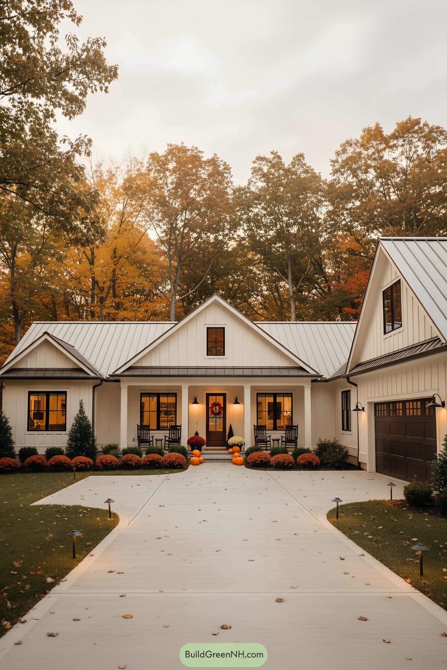 White board-and-batten ranch with gabled roof, front porch, and warm wood accents