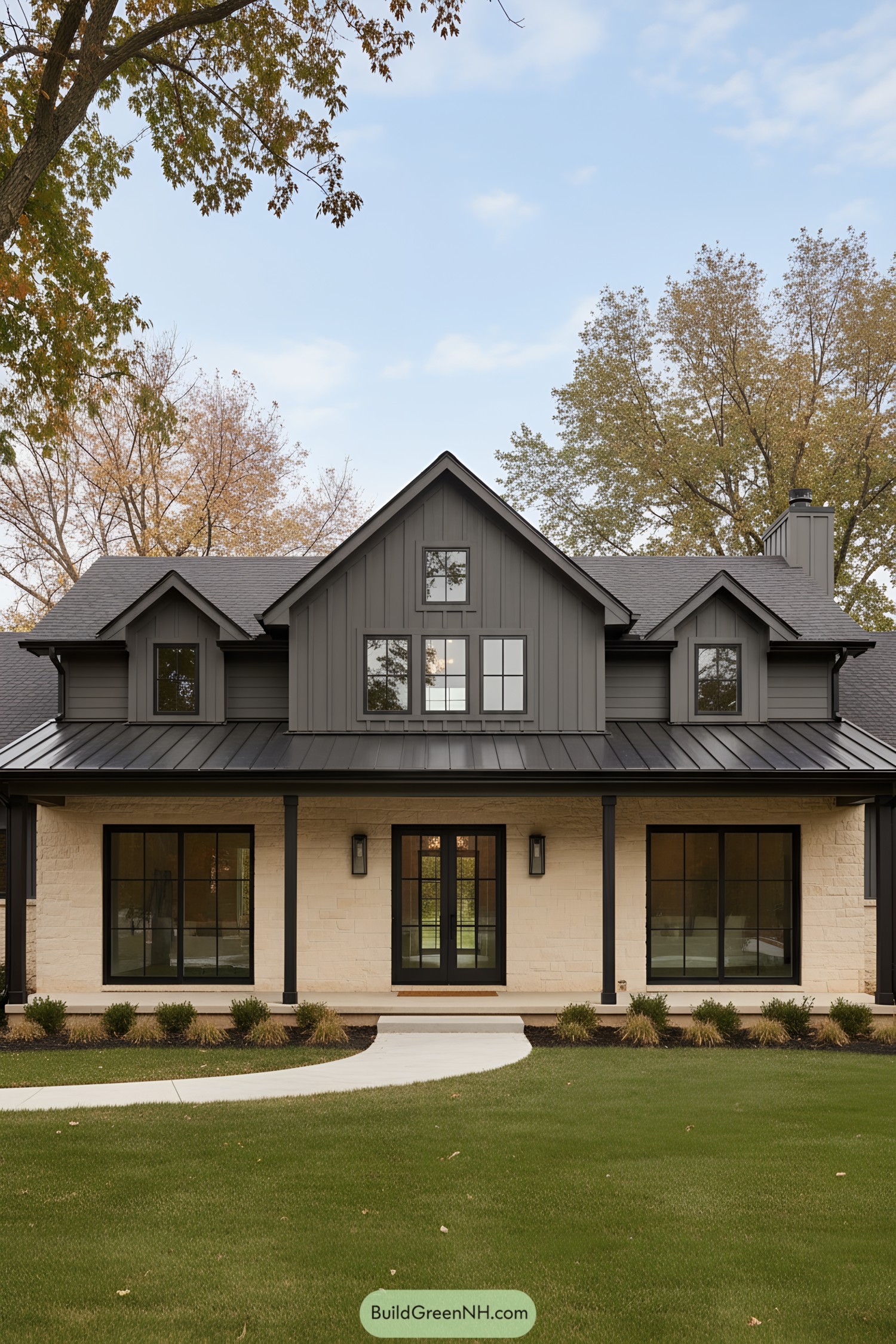 Modern farmhouse ranch with dark gables