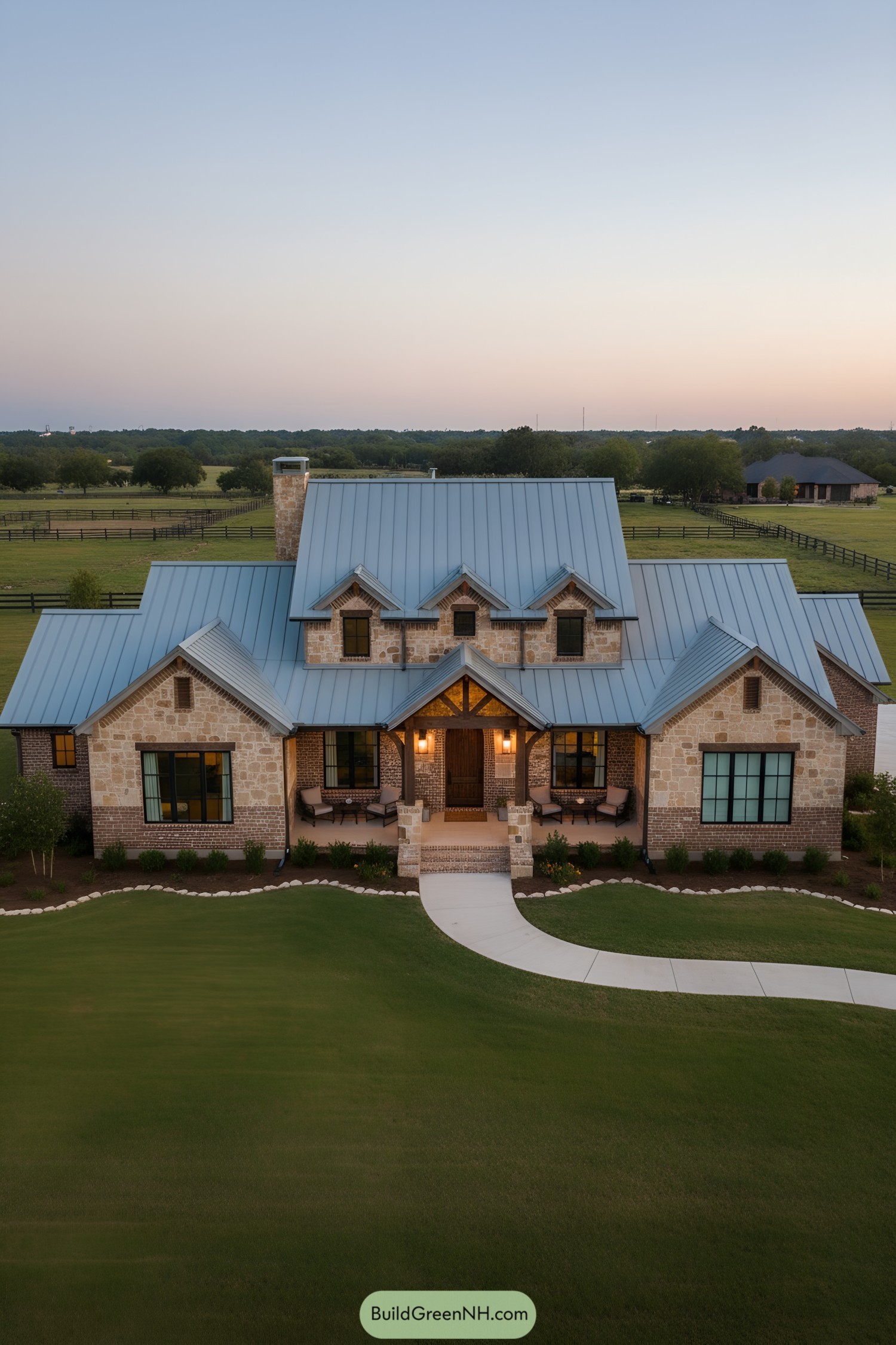 Stone-and-brick ranch with blue metal roof and welcoming porch at dusk