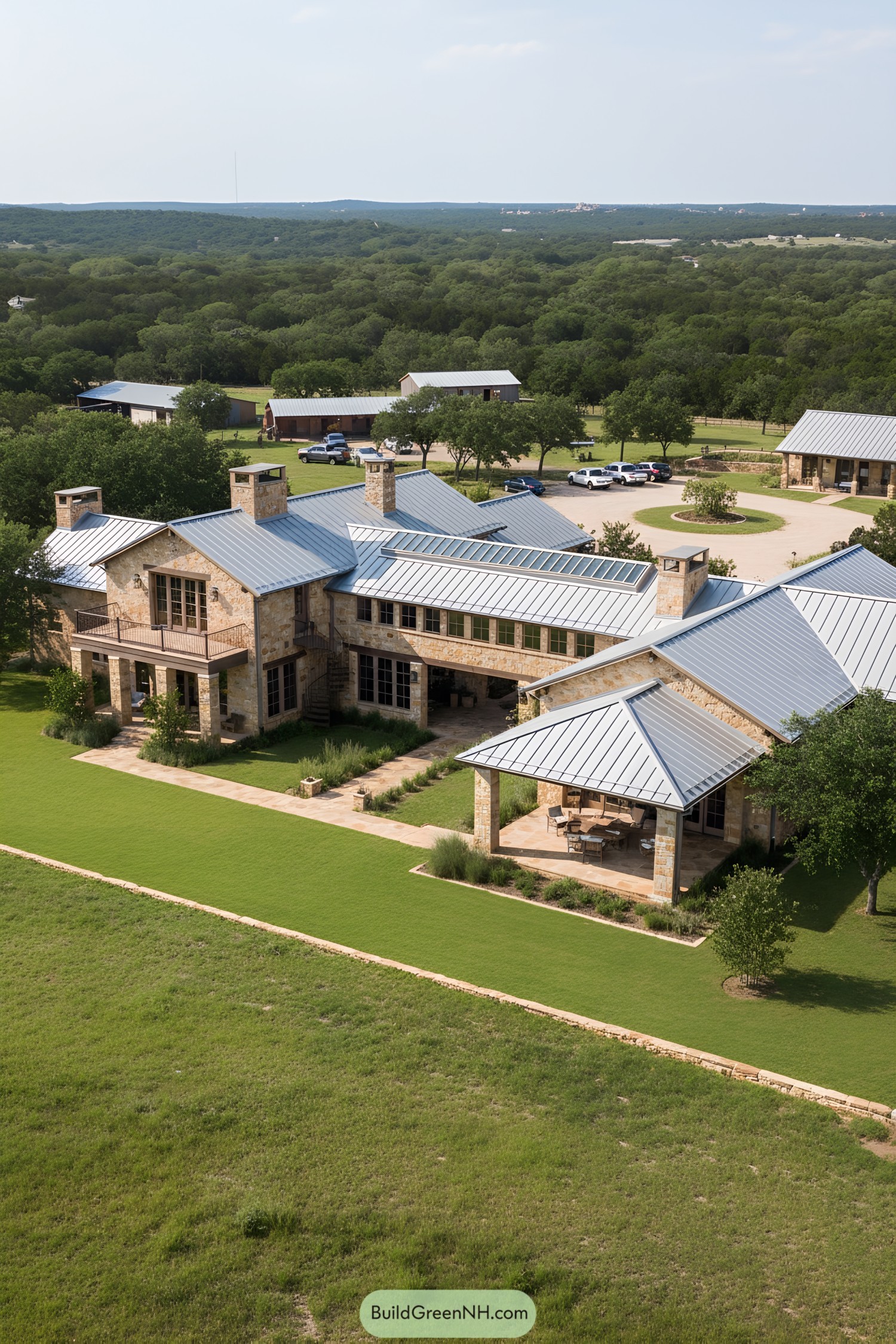 Large stone ranch with metal roofs and porches