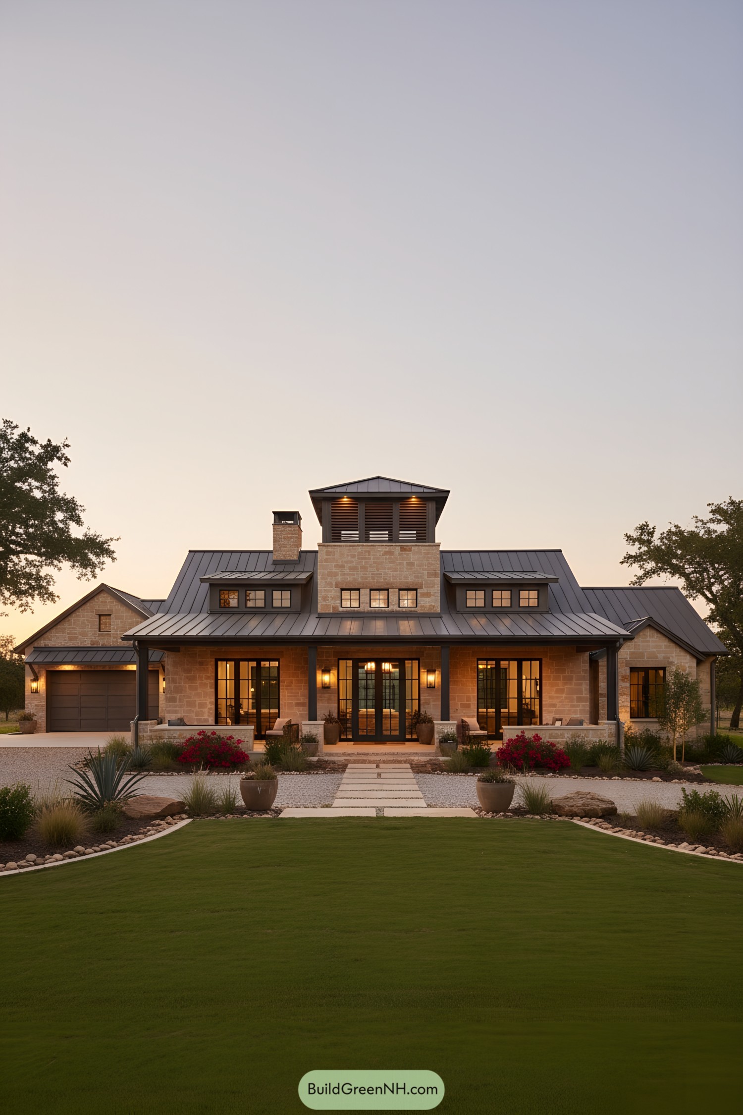Stone ranch house with metal roof and cupola