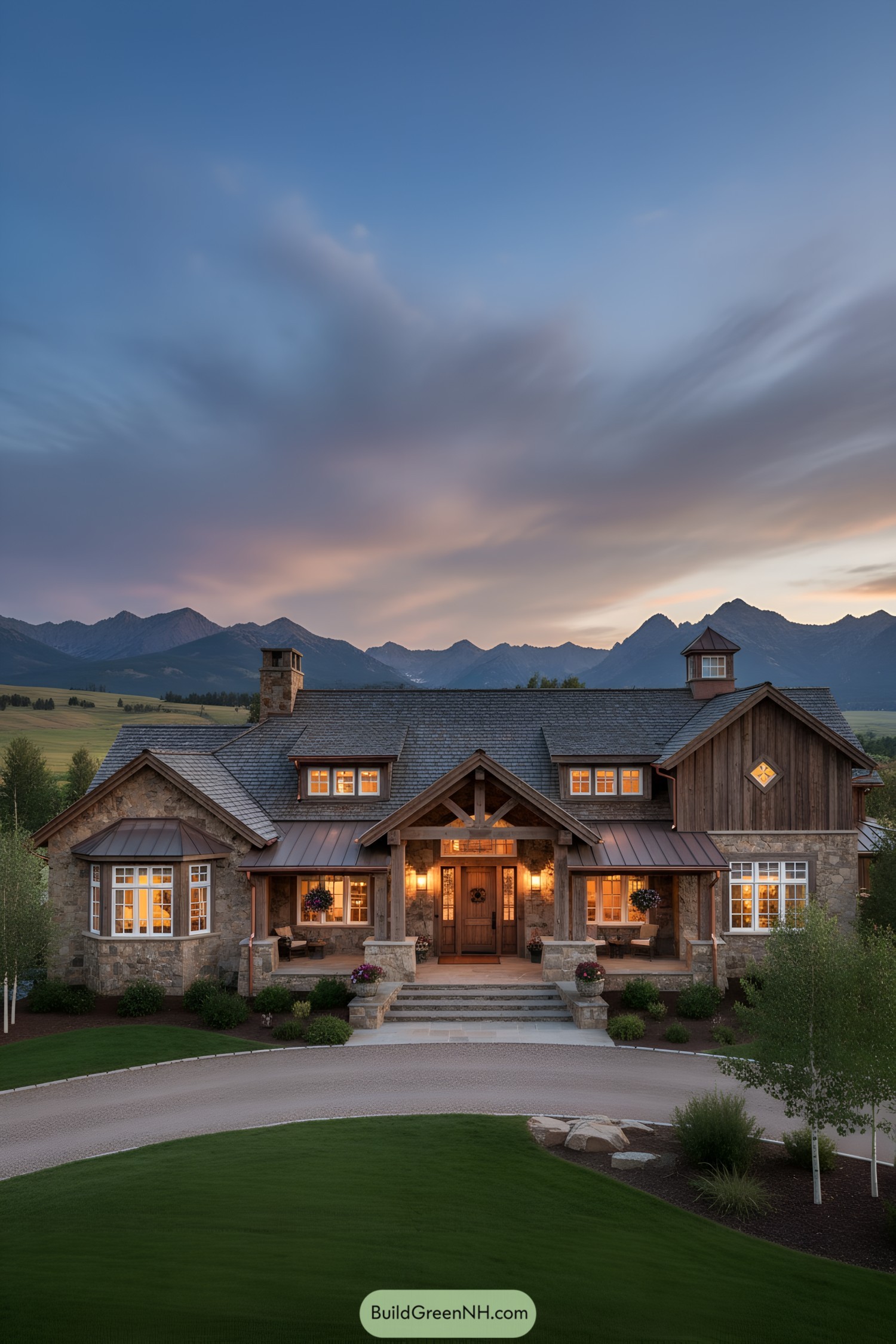 Rustic ranch with timber porch and stone facade at dusk