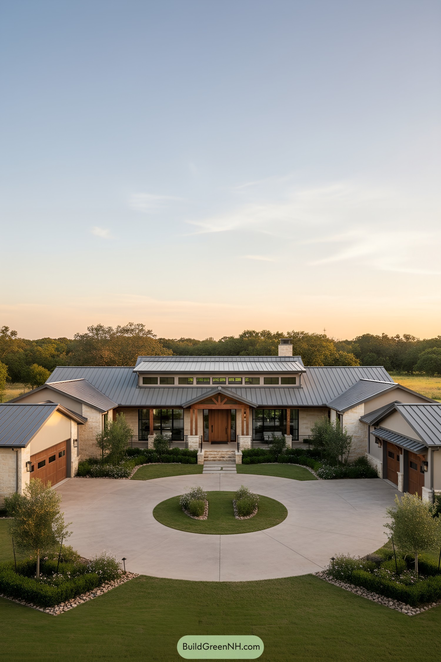 Modern ranch with metal roof, clerestory, and circular drive framed by low stone and timber accents
