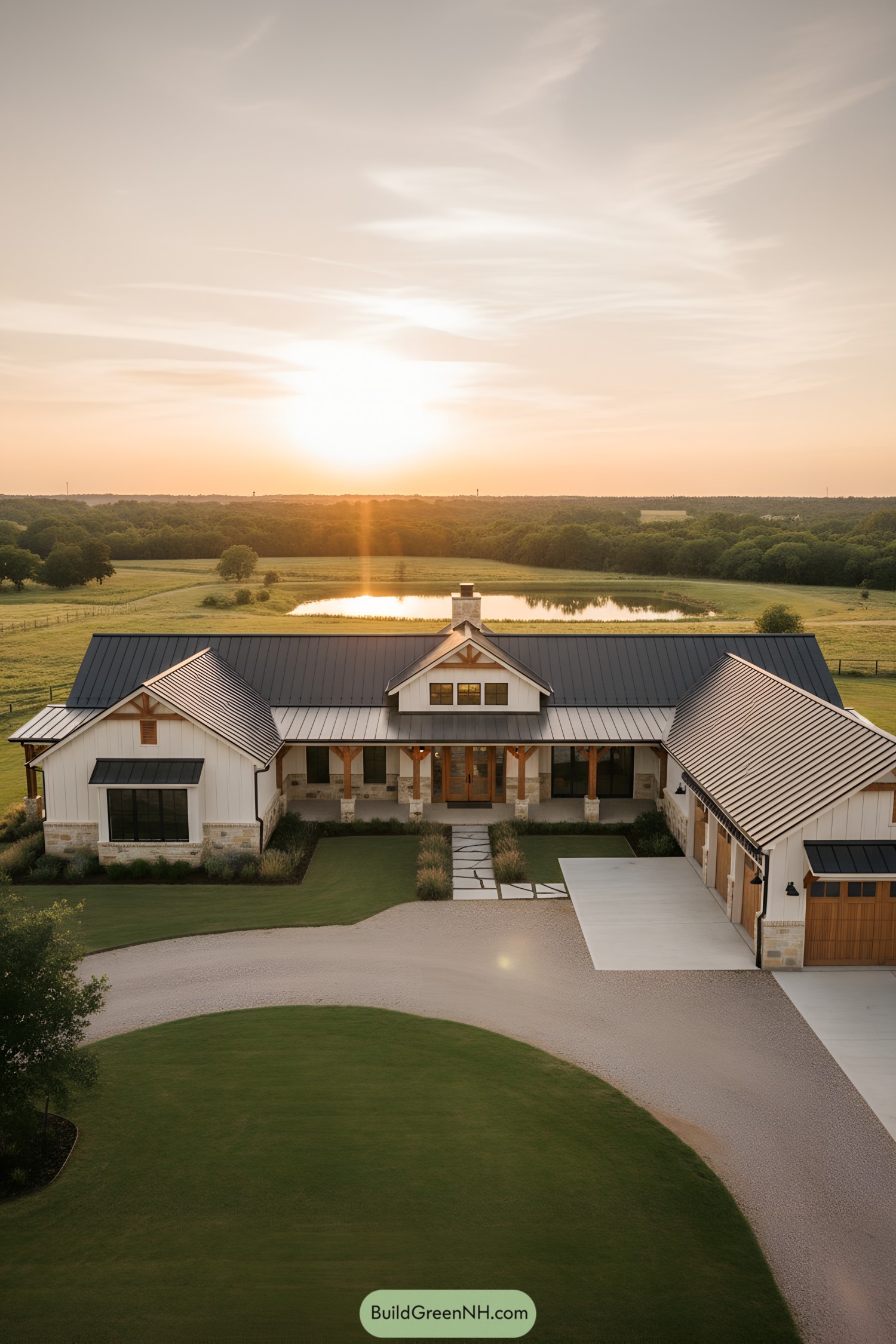 Modern ranch with black metal roof, timber accents, and sunset-lit countryside backdrop