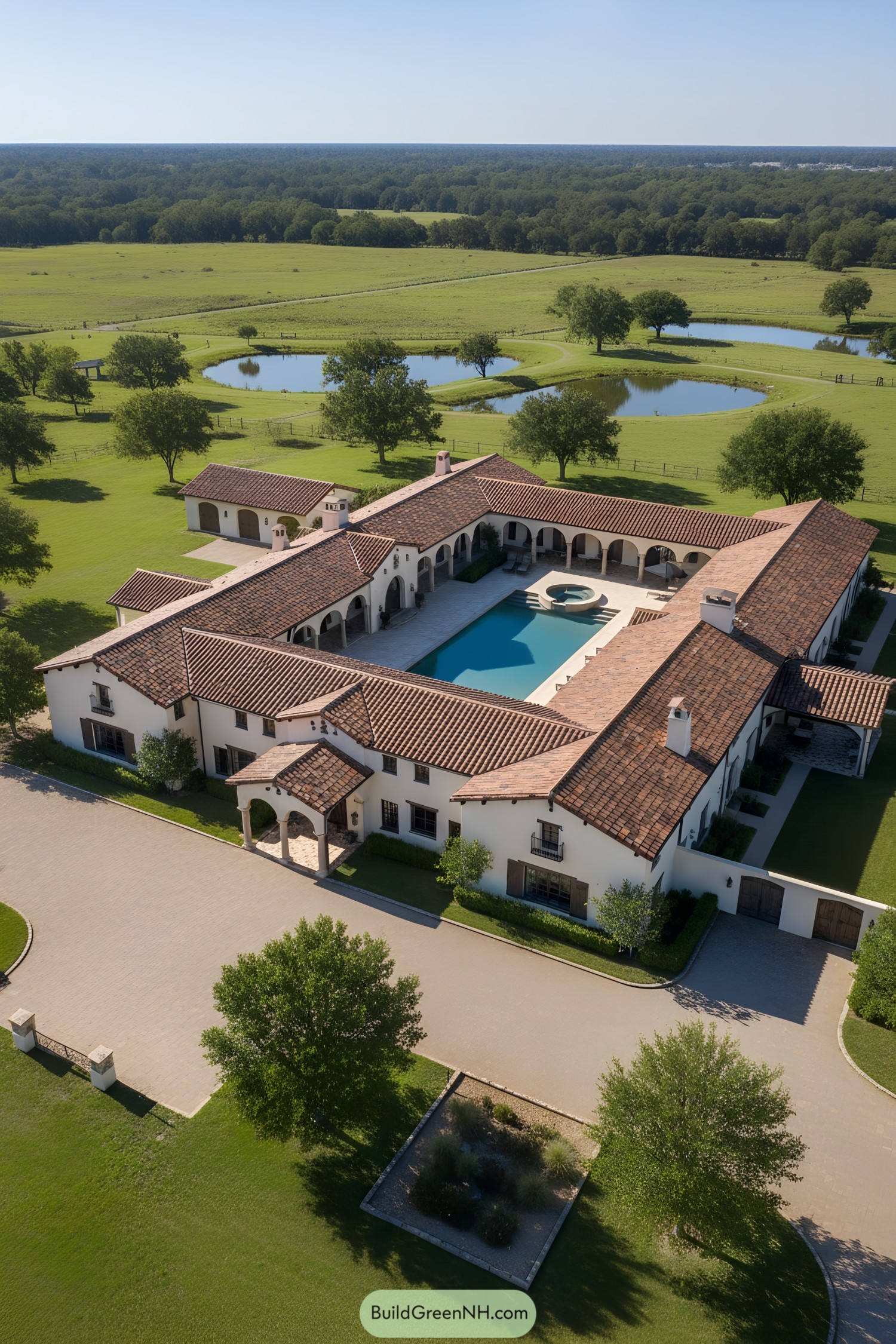 Aerial view of a U-shaped ranch with red-tile roofs around a central pool courtyard