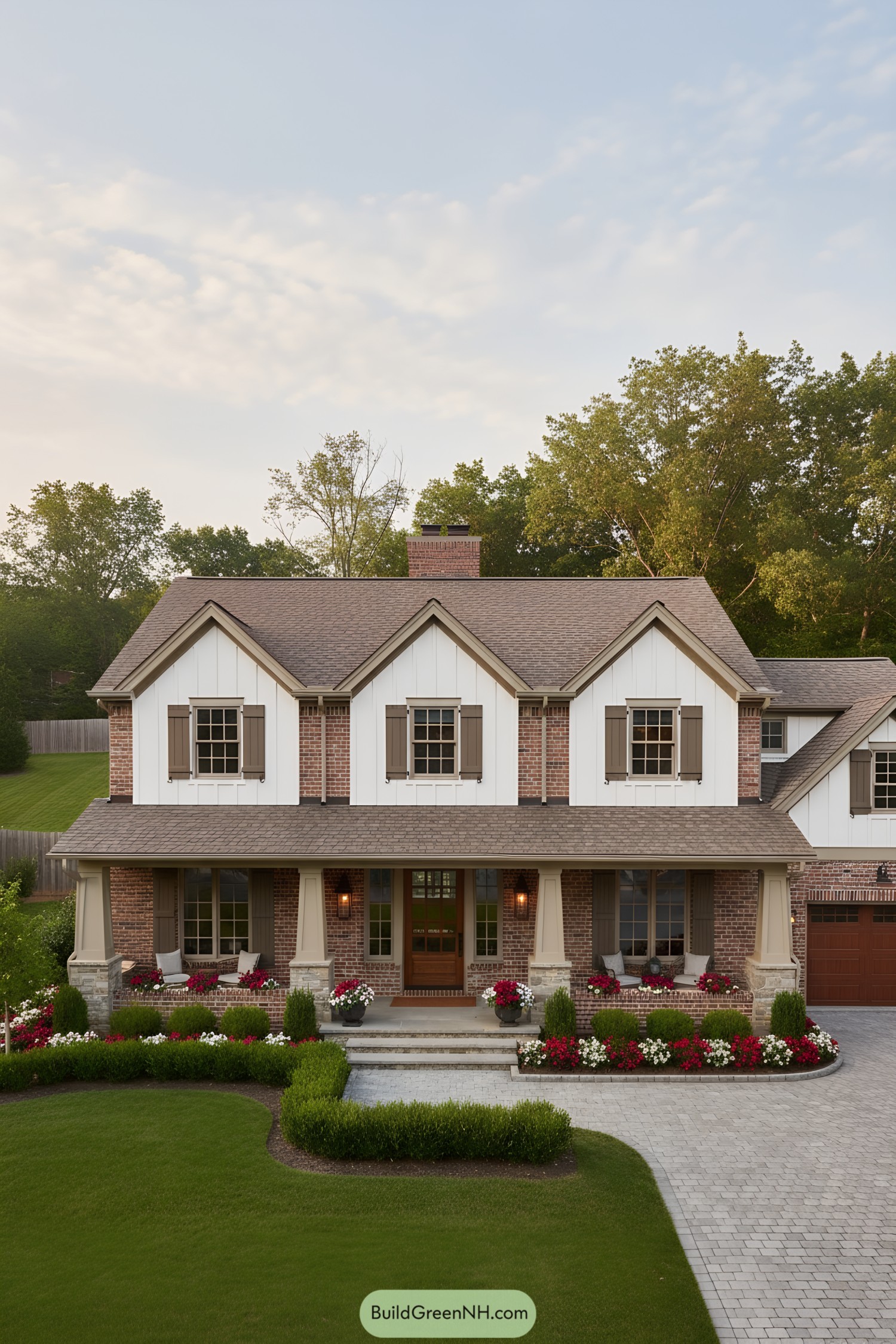 Two-story ranch with brick and board-and-batten facade