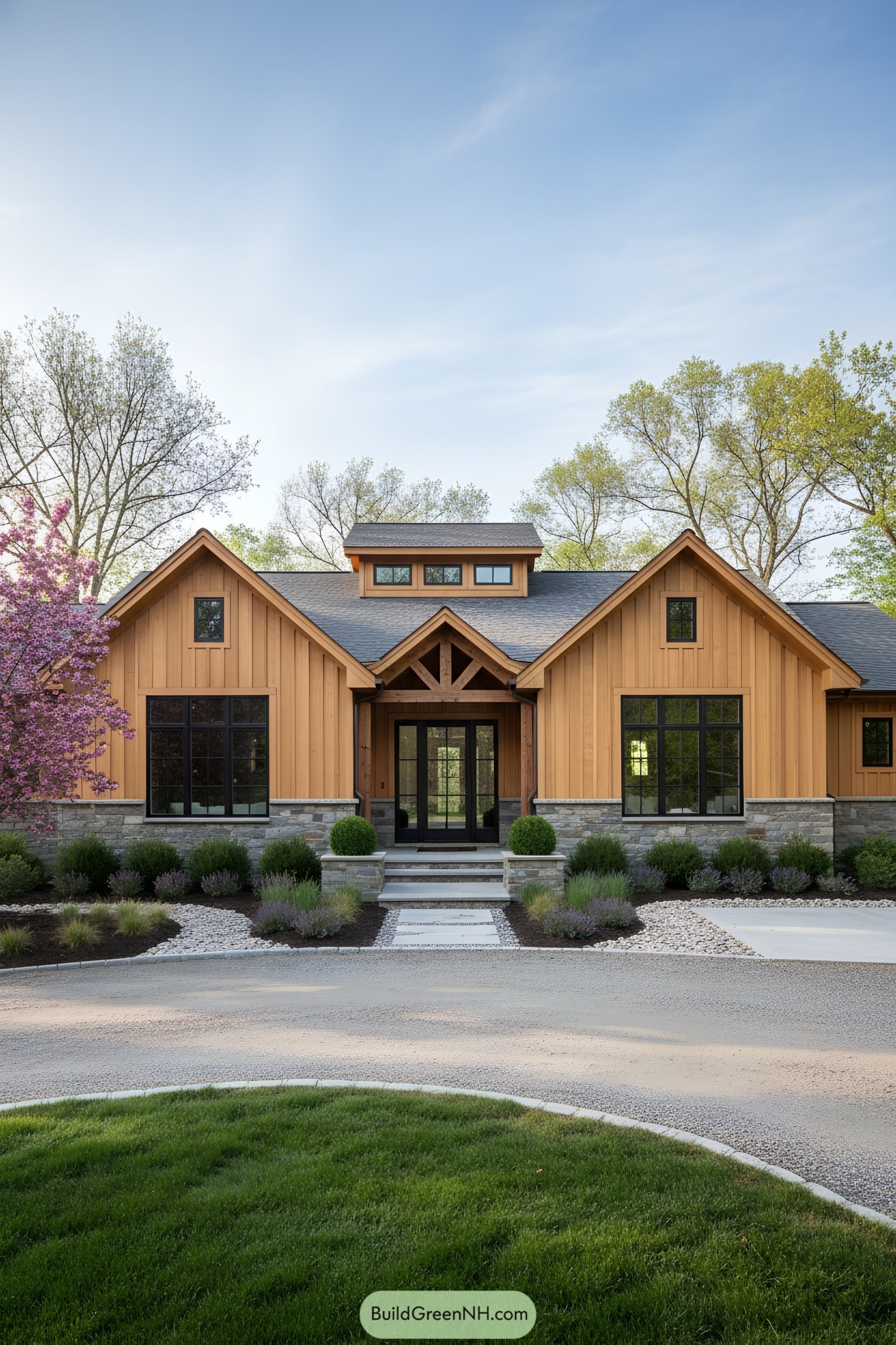 Modern ranch with cedar siding and stone base