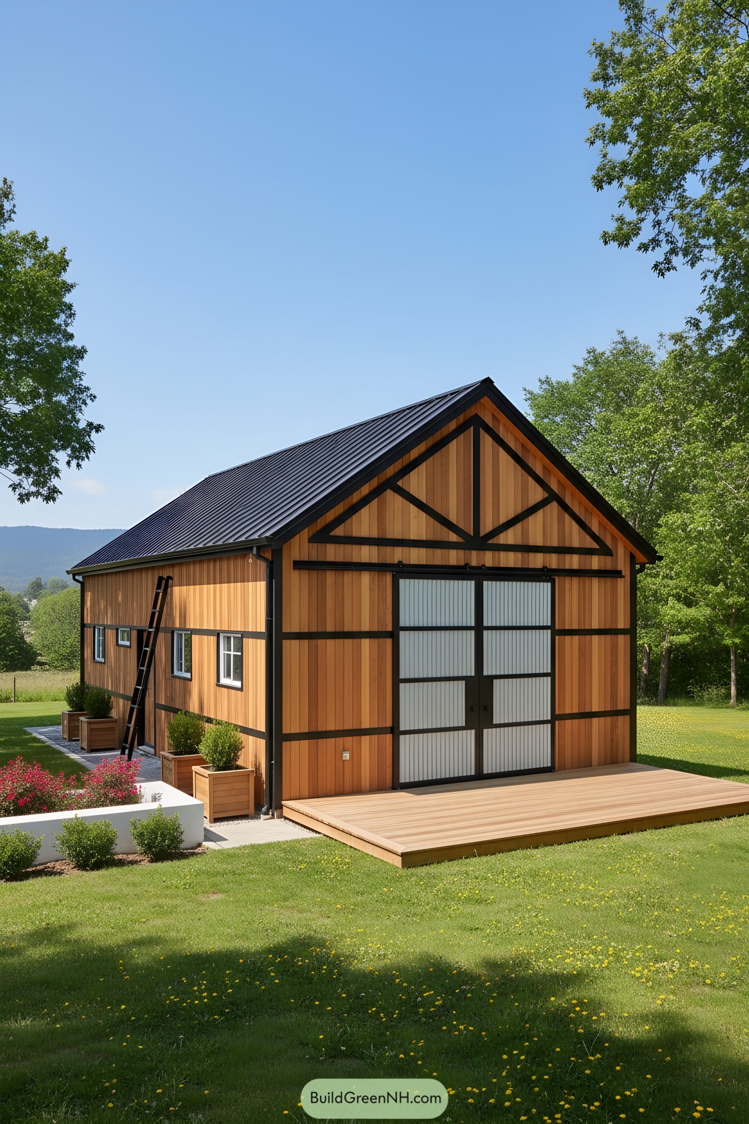 Modern cedar barn with black trim and corrugated sliding doors