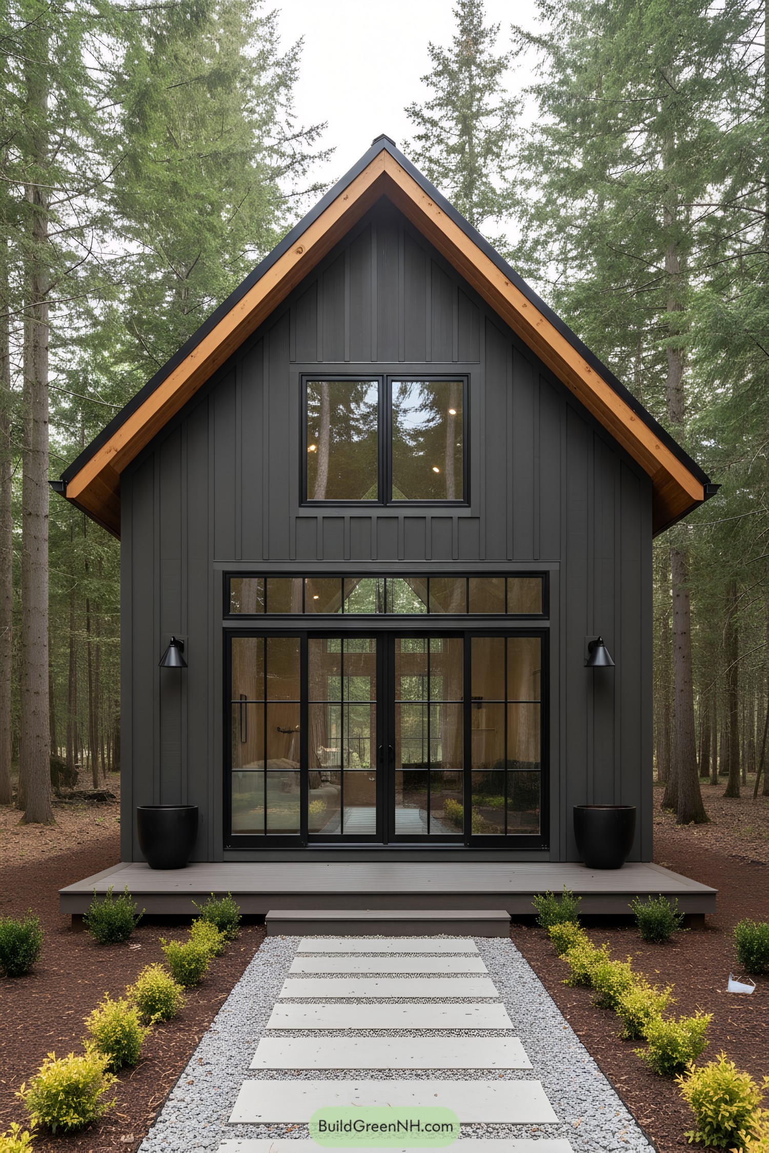 Dark gable shed with big glass doors in a forest
