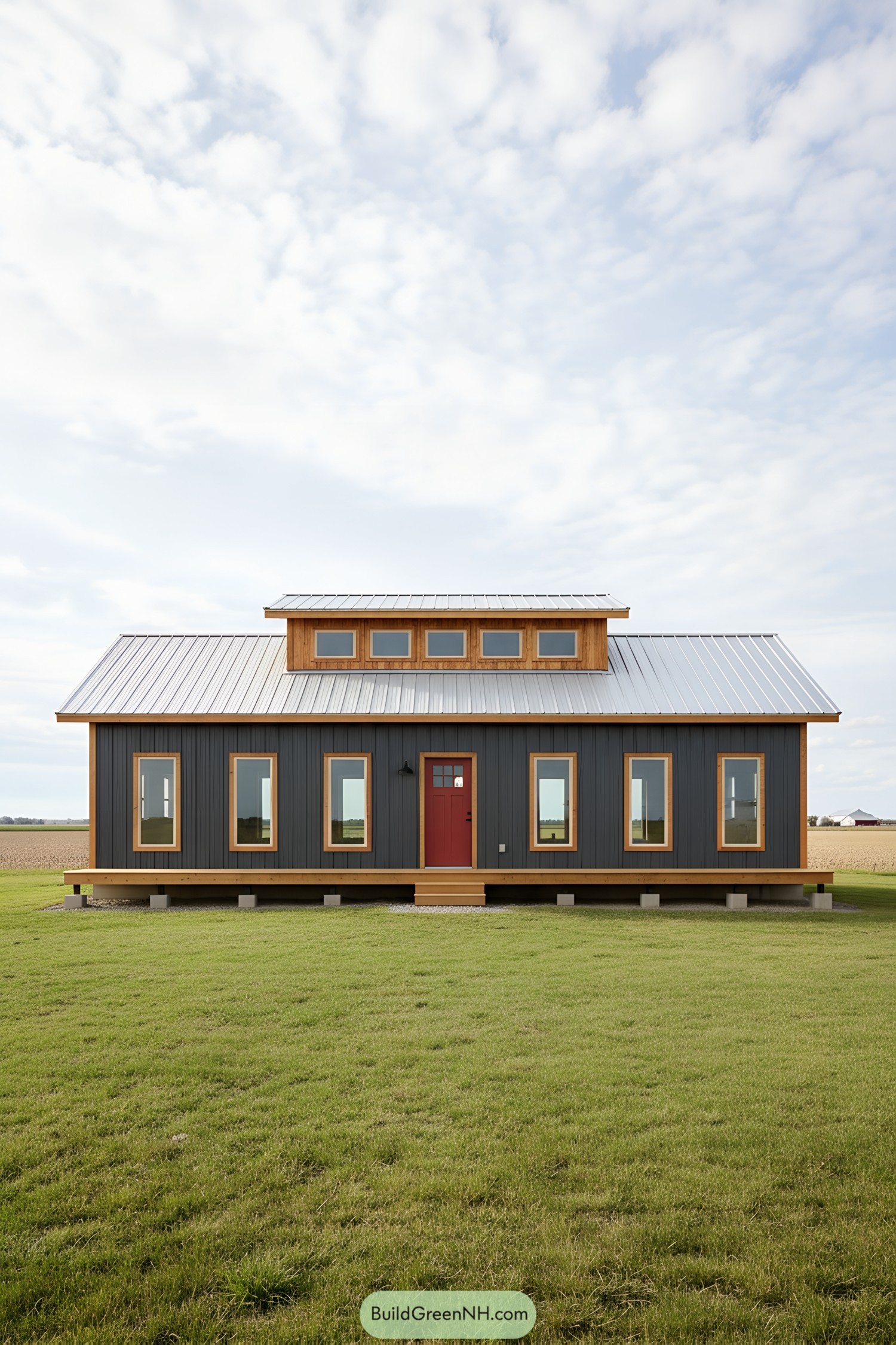 Modern barnhouse with metal roof and clerestory windows on open field