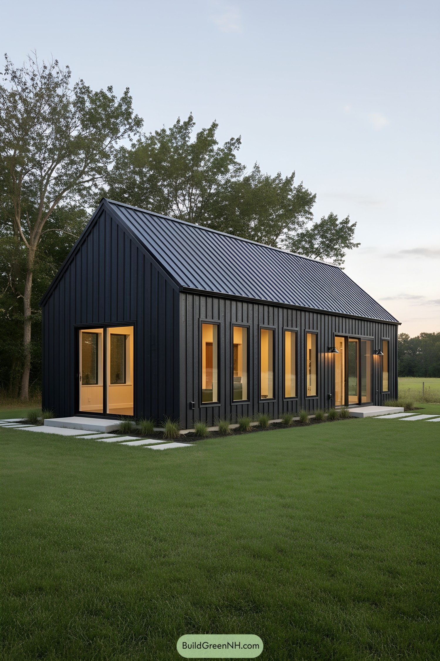 Black metal-clad shed house with narrow windows glowing at dusk