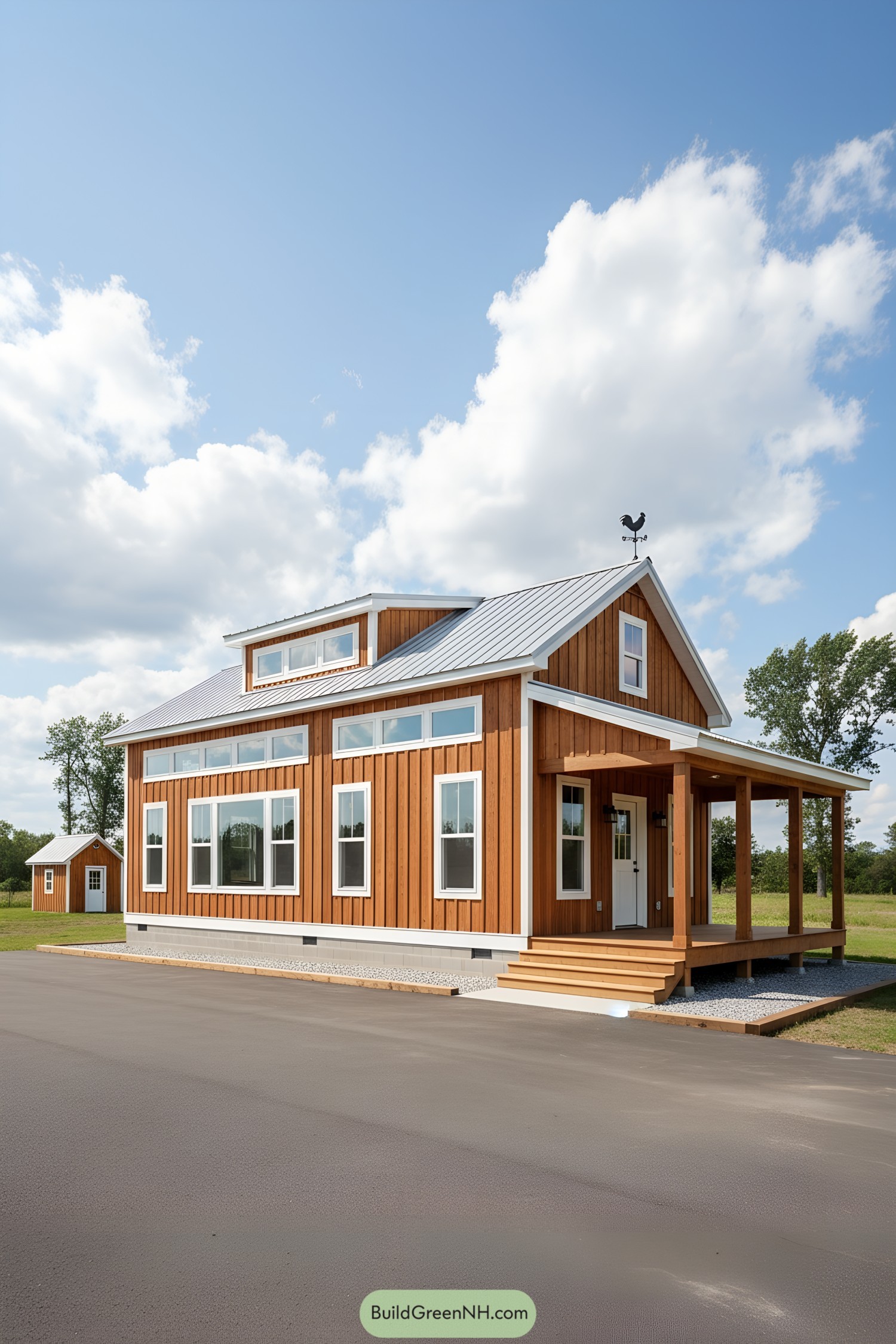 Modern barn-style house with clerestory windows and wraparound porch