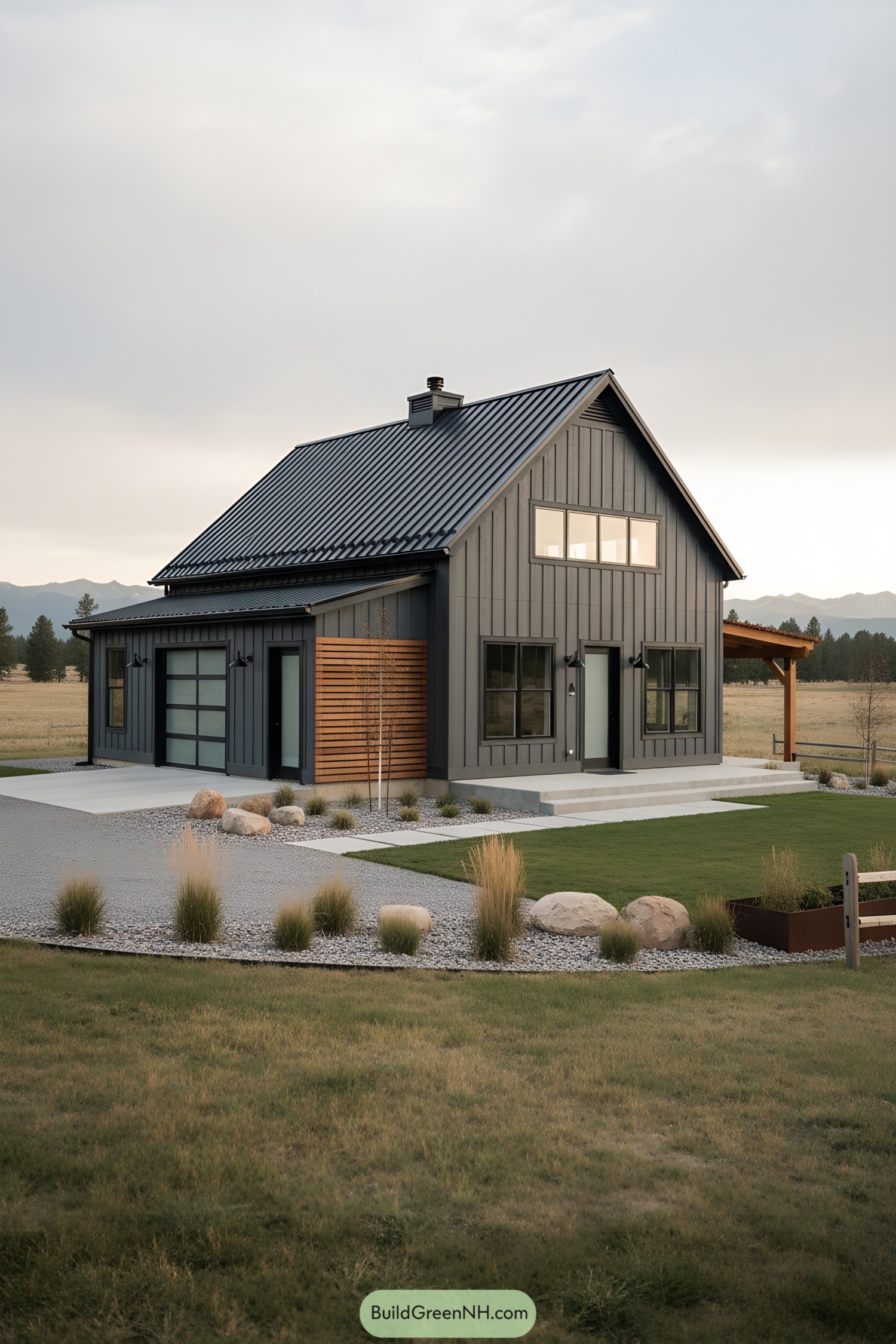 Modern gray barnhouse with metal roof, clerestory windows, and wood accent by a gravel path