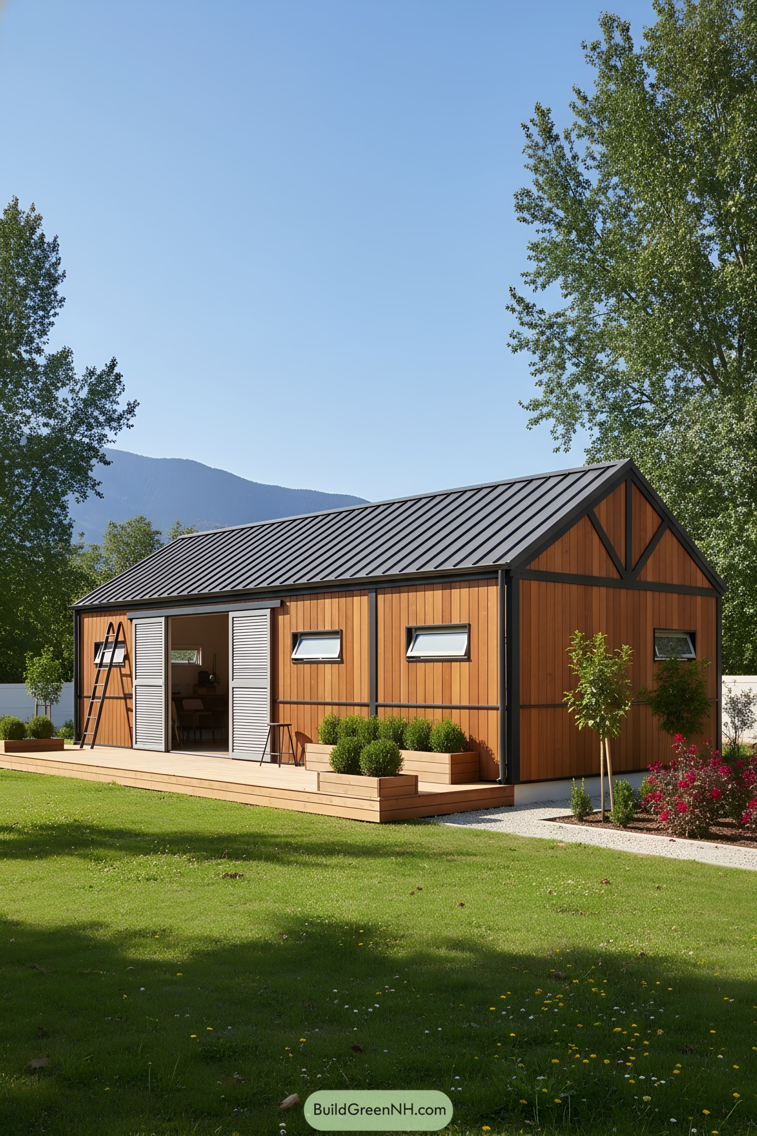 Modern shed house with black metal roof and cedar siding, sliding shutters, and deck