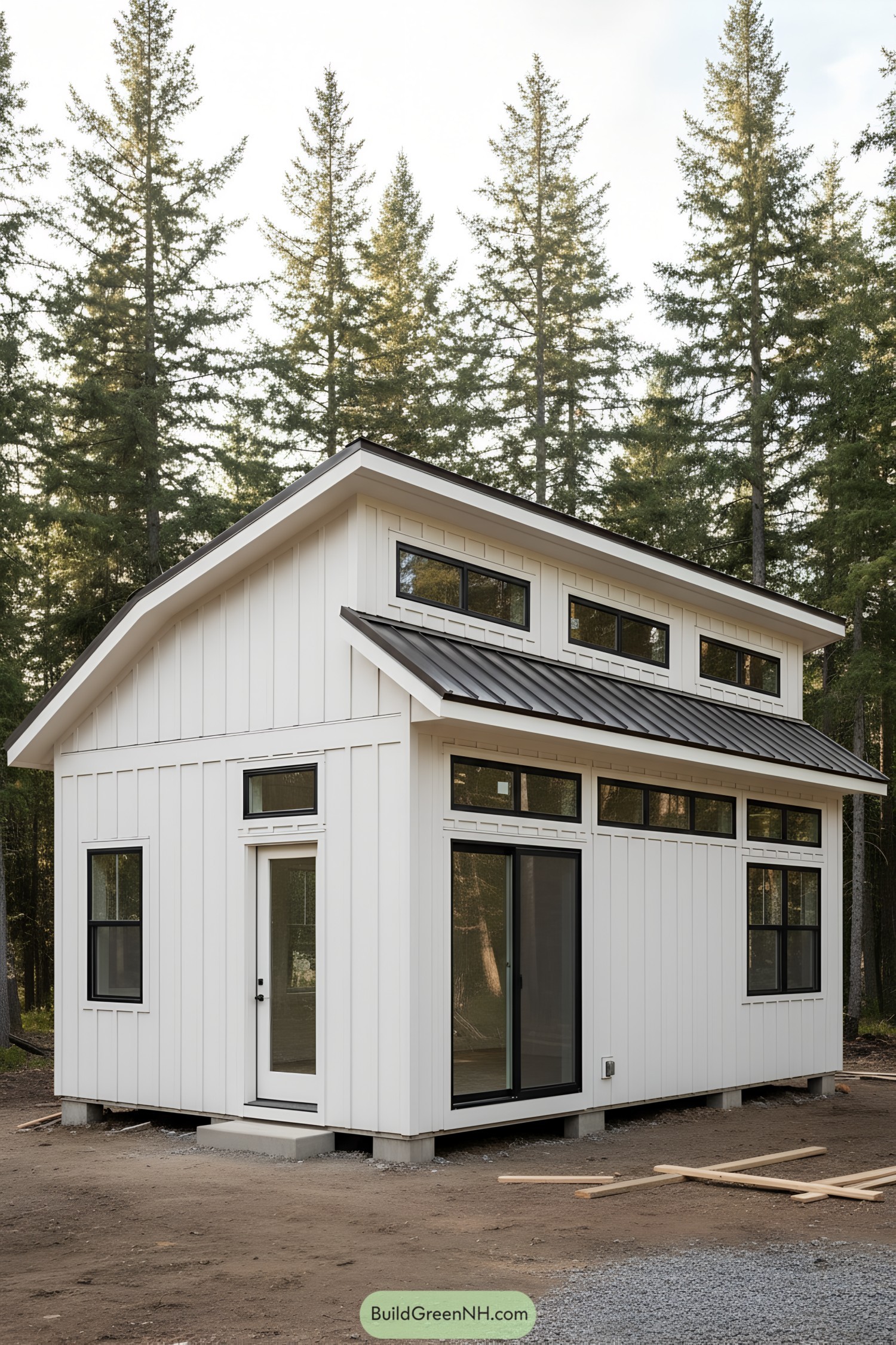 Modern white shed with clerestory windows and metal awning roof in a forest clearing