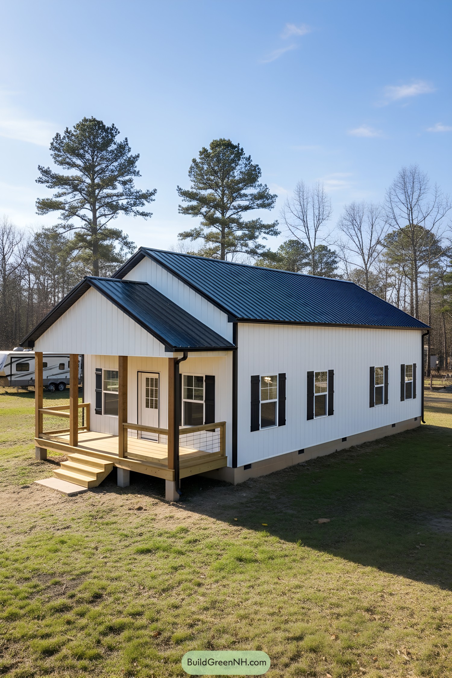 White board-and-batten shed house with black metal roof and small wood front porch