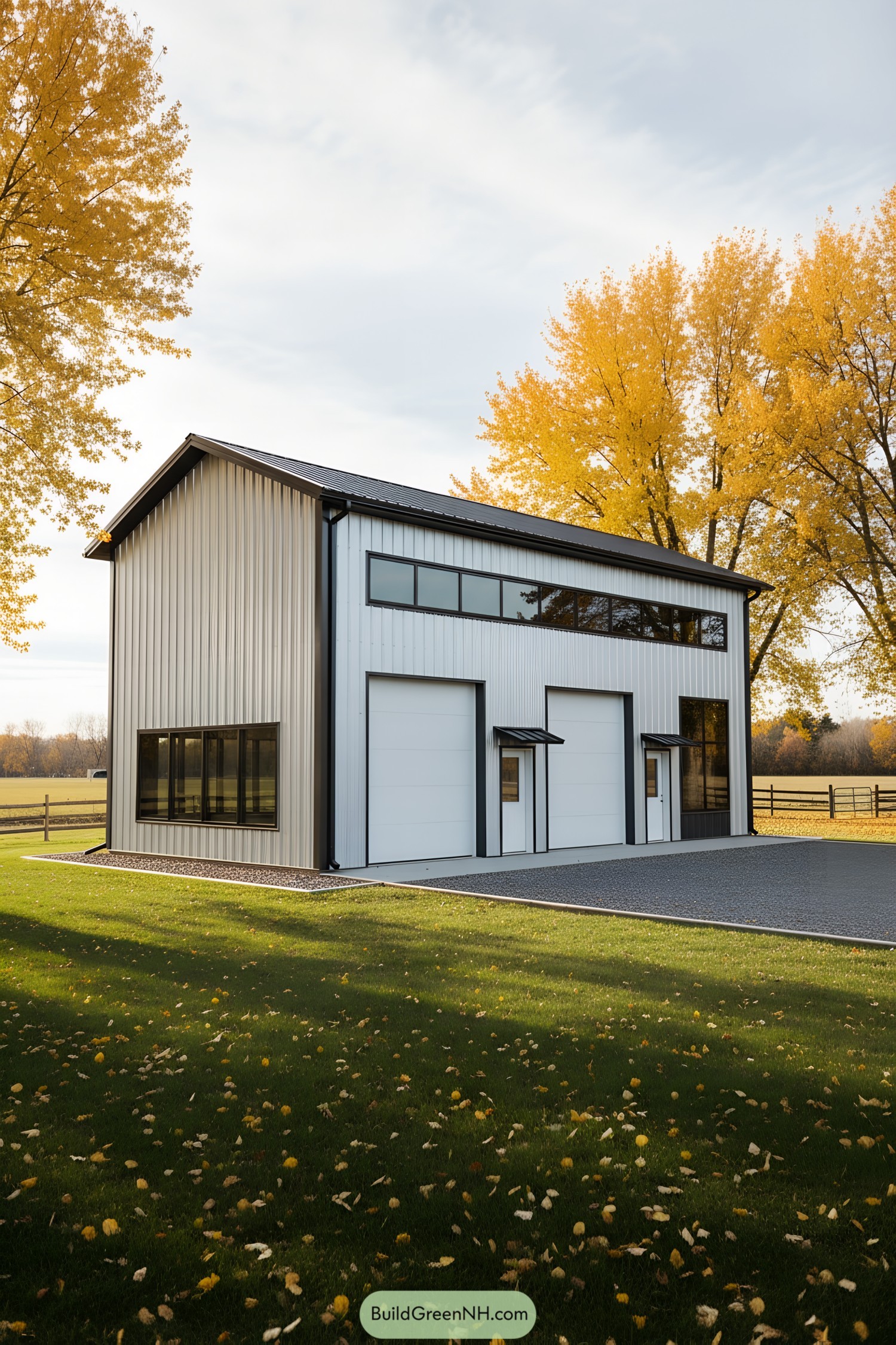 Two-story white metal shed house with tall clerestory windows and twin overhead doors
