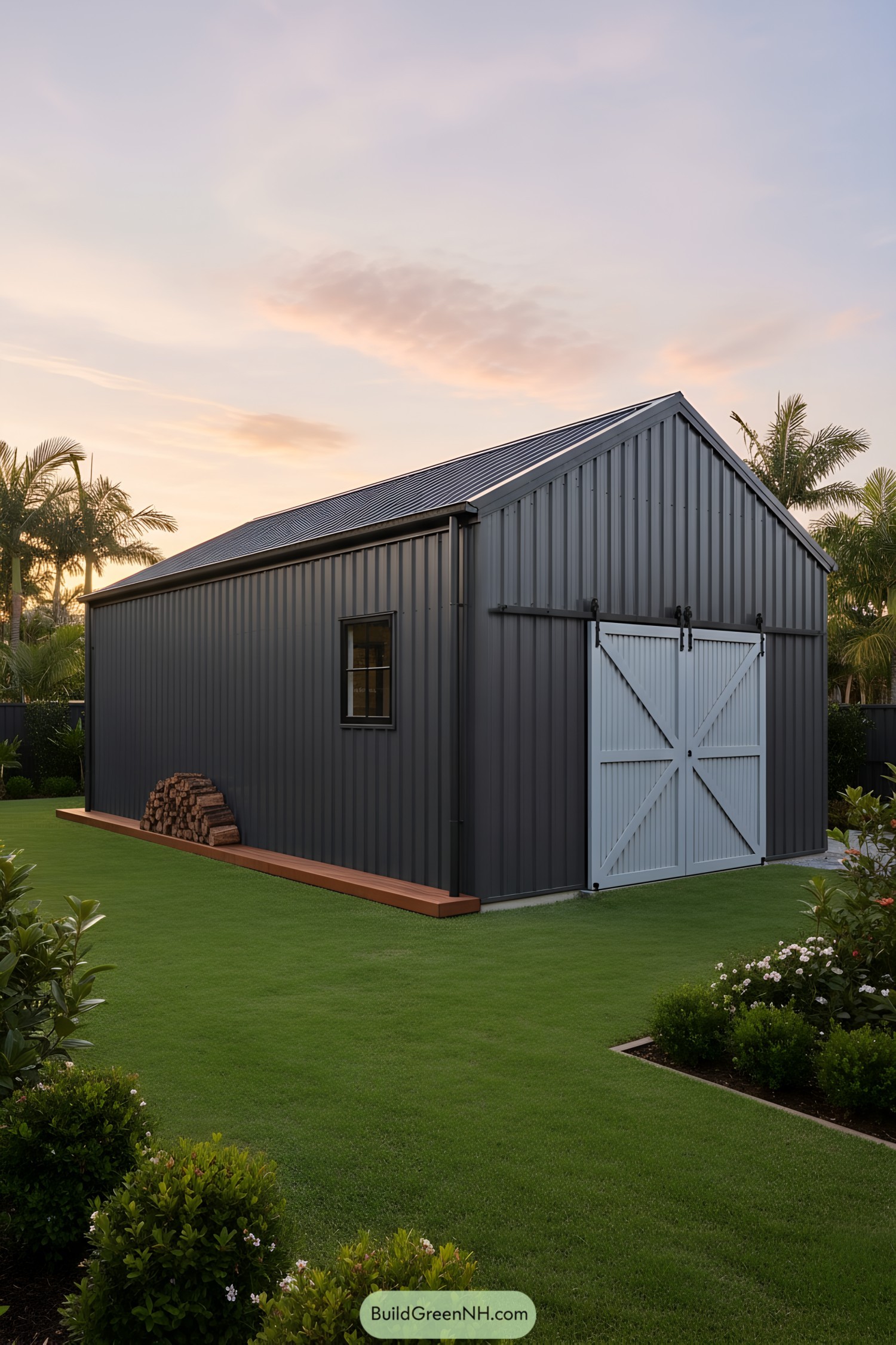 Dark metal shed with pale barn doors