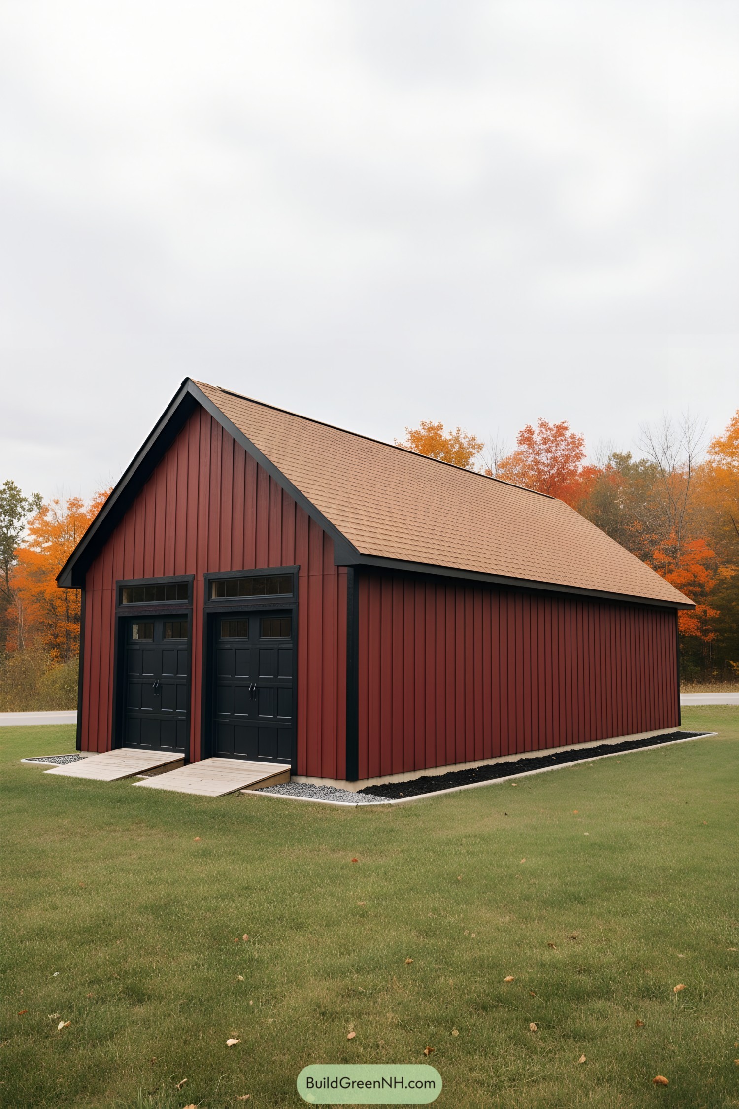 Red board-and-batten shed with twin black doors
