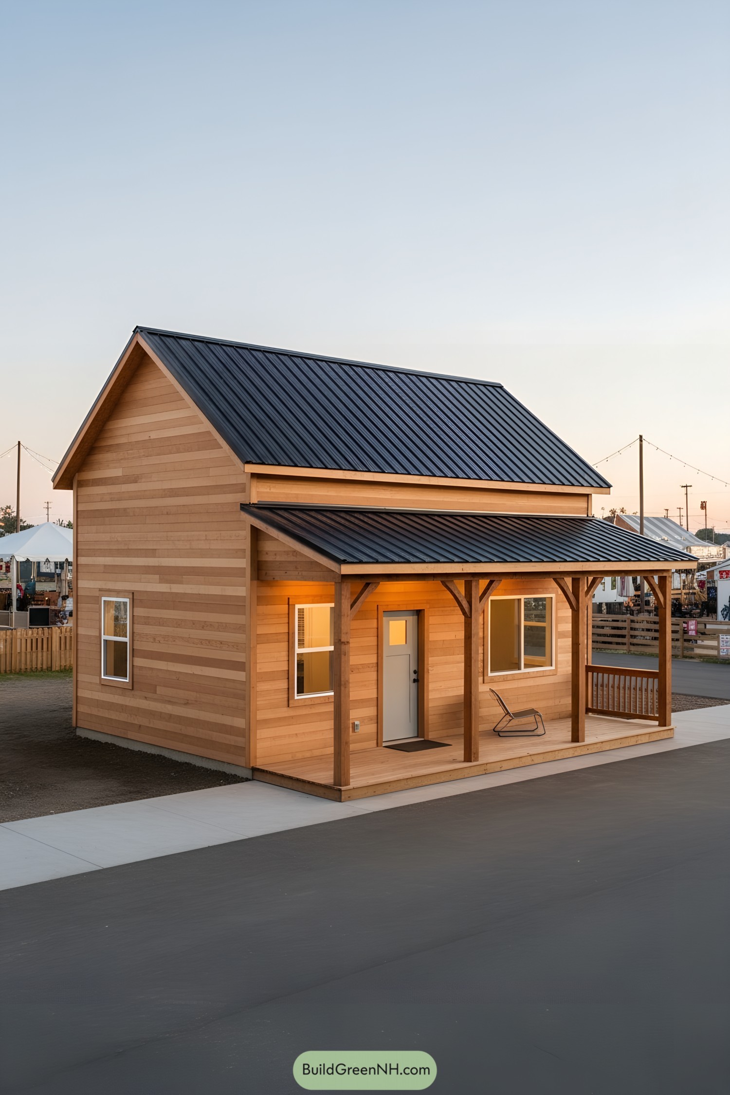 Small cedar-clad shed house with metal roof and front porch at dusk